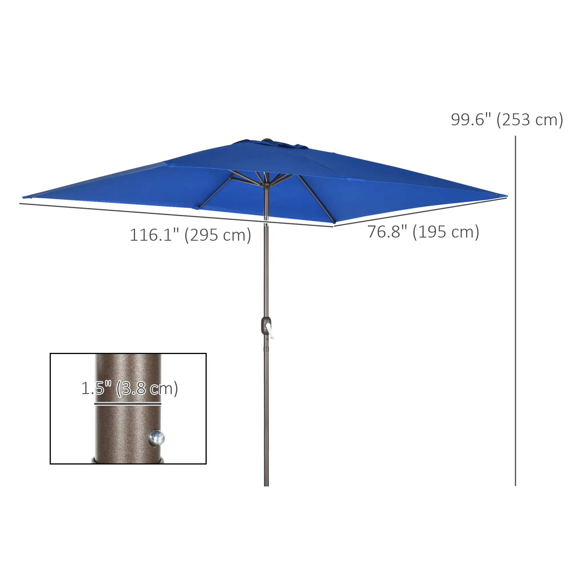 6.5x10ft Rectangle Patio Umbrella, Aluminum Frame, Crank Handle, Dark Blue - Image 3