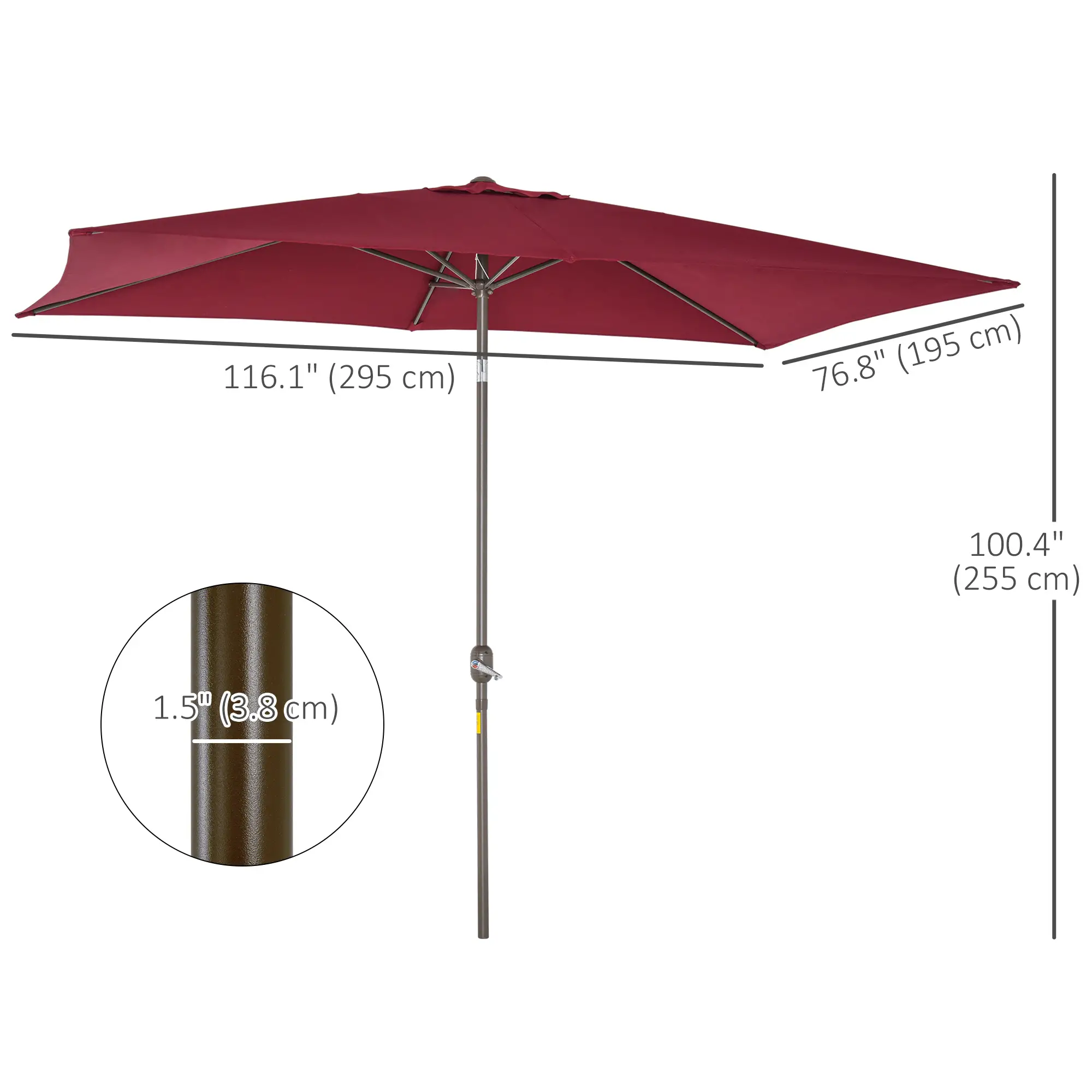 6.5x10ft Rectangle Patio Umbrella, Aluminum Frame, Crank Handle, Wine Red - Image 3