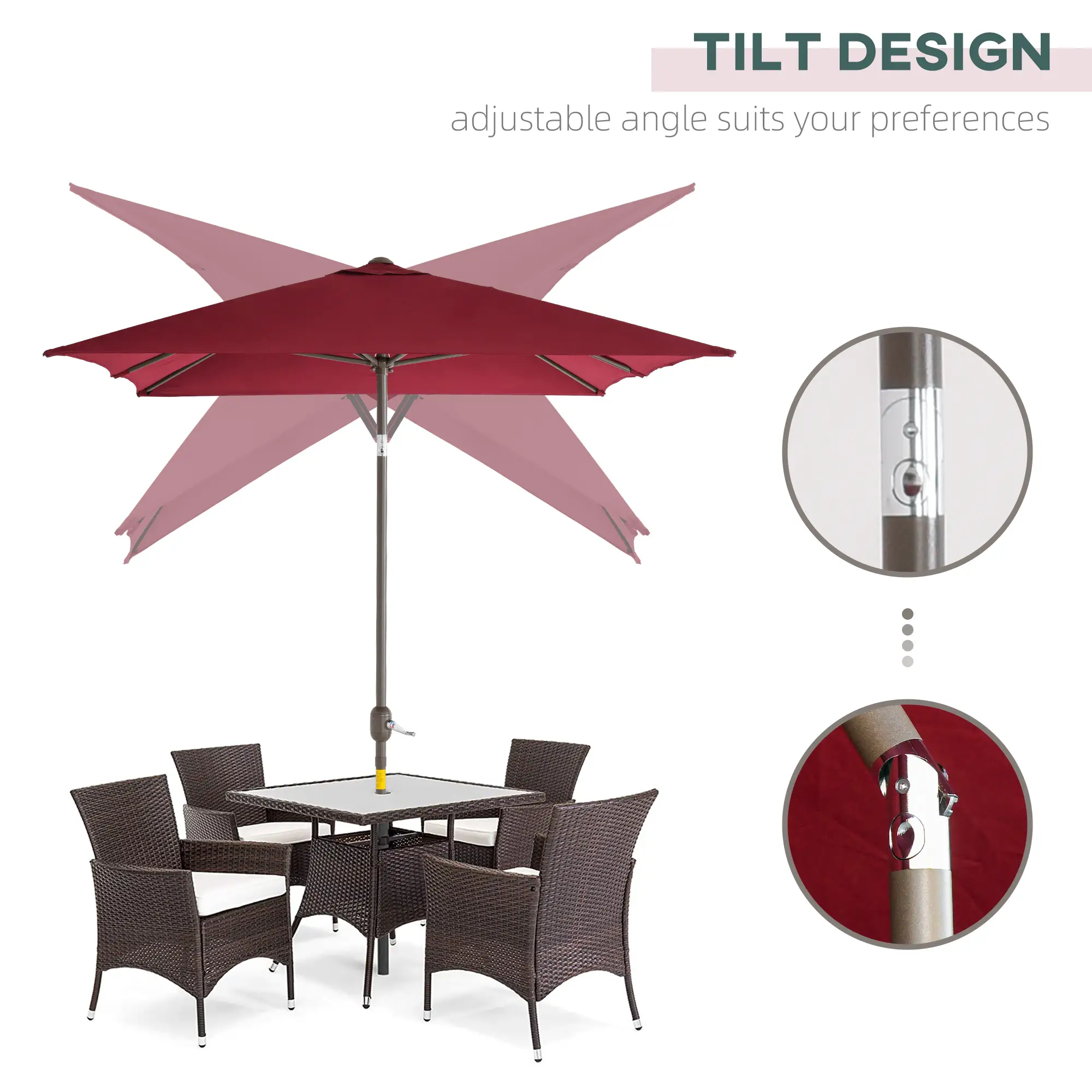 6.5x10ft Rectangle Patio Umbrella, Aluminum Frame, Crank Handle, Wine Red - Image 4
