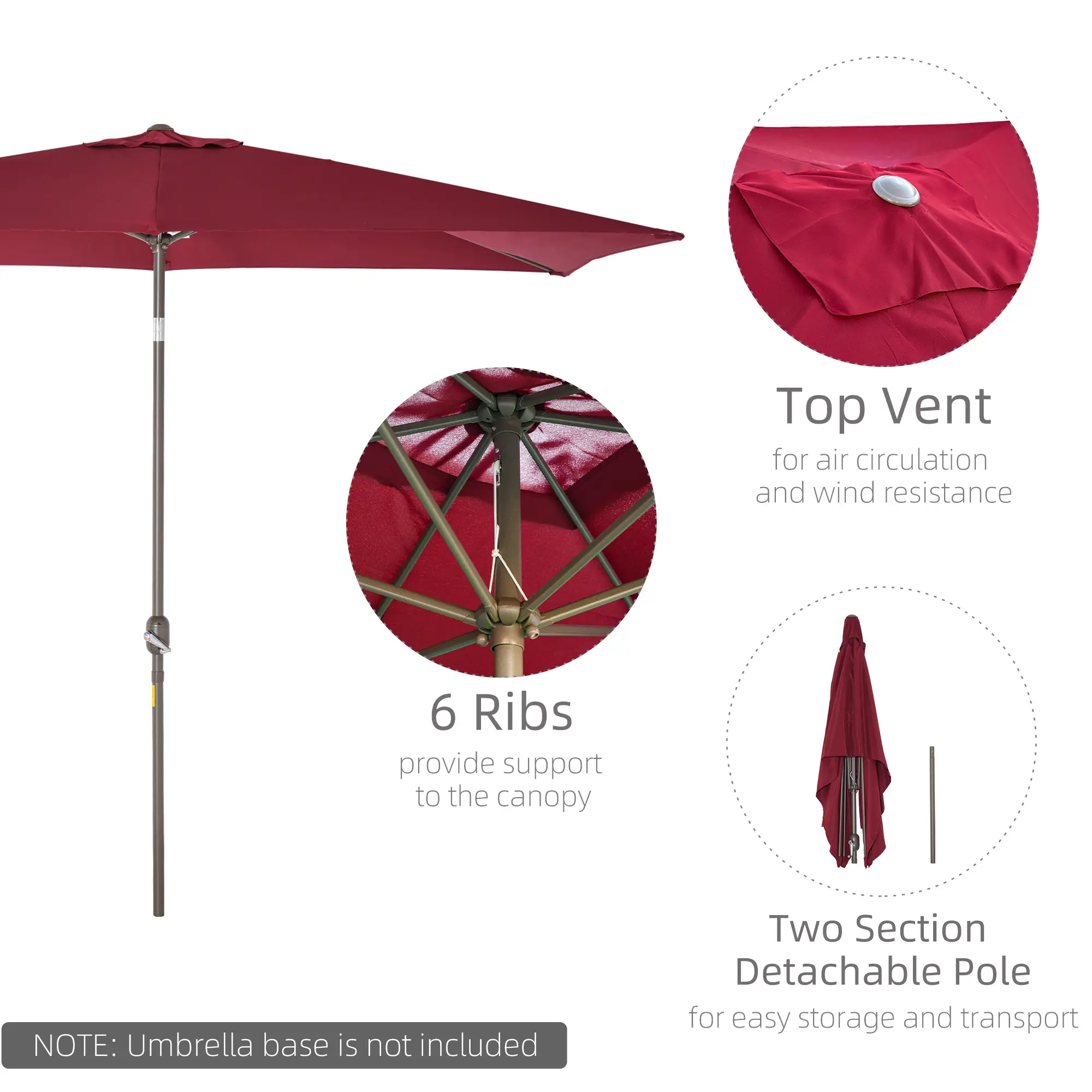 6.5x10ft Rectangle Patio Umbrella, Aluminum Frame, Crank Handle, Wine Red - Image 5