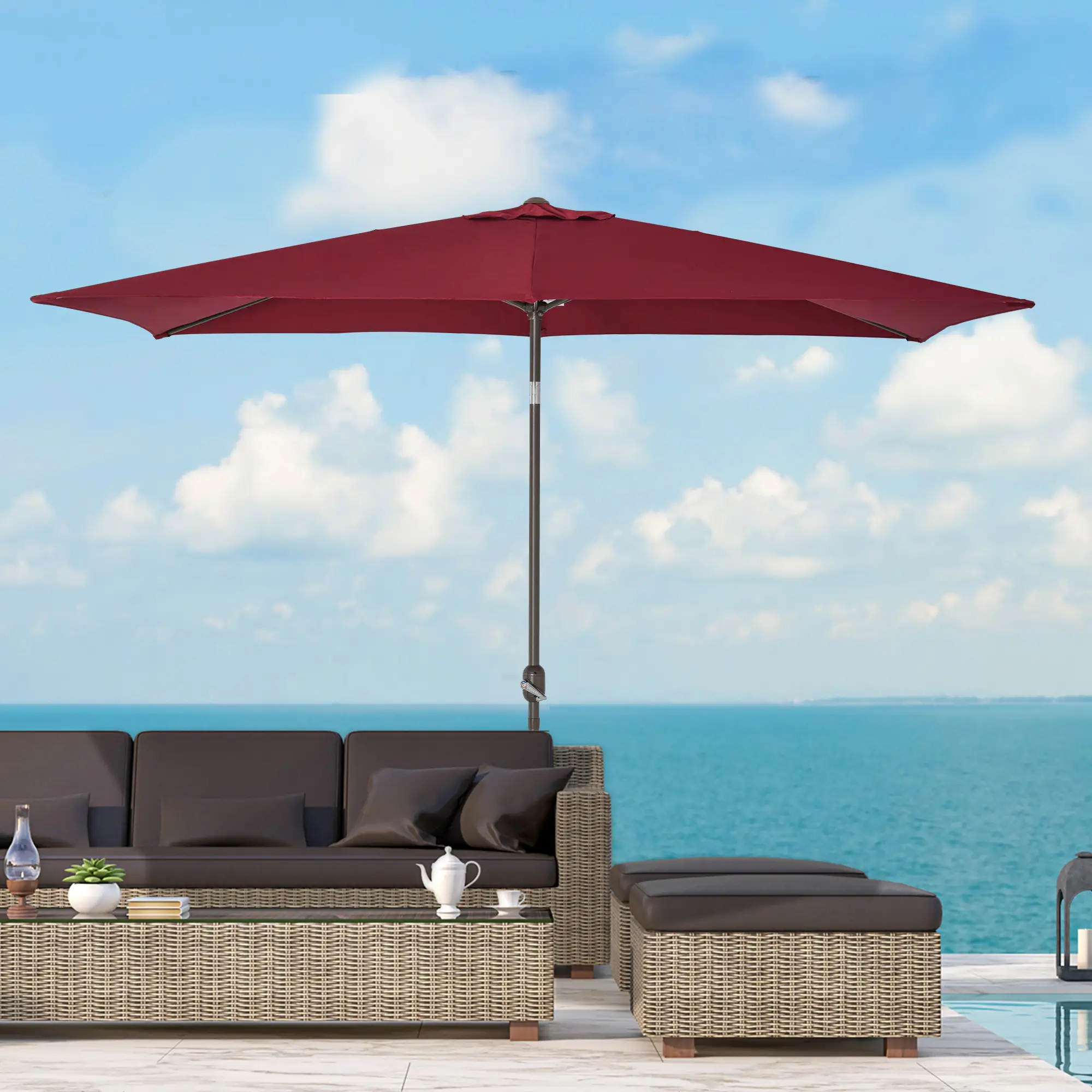 6.5x10ft Rectangle Patio Umbrella, Aluminum Frame, Crank Handle, Wine Red - Image 7