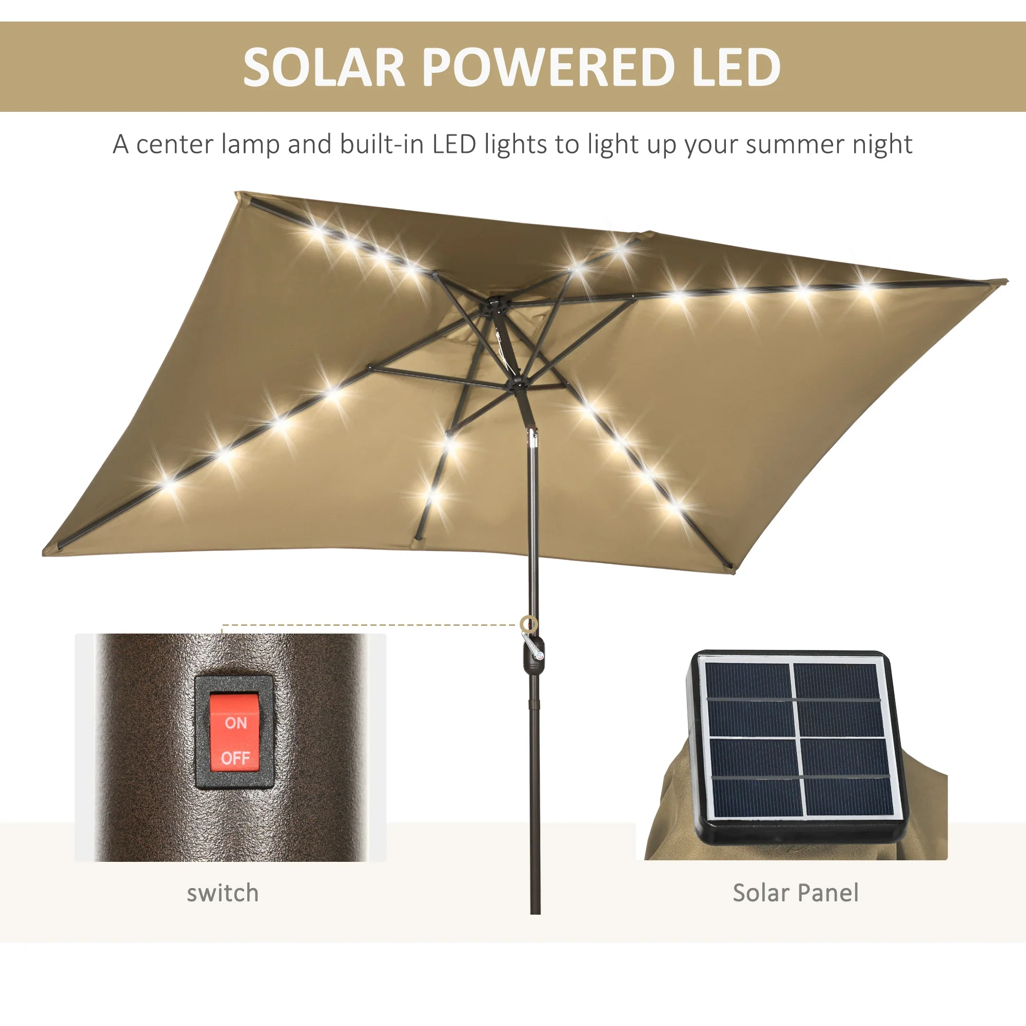 6.5x10ft Rectangle Solar Tilt Umbrella, Aluminum, Light Coffee - Image 5