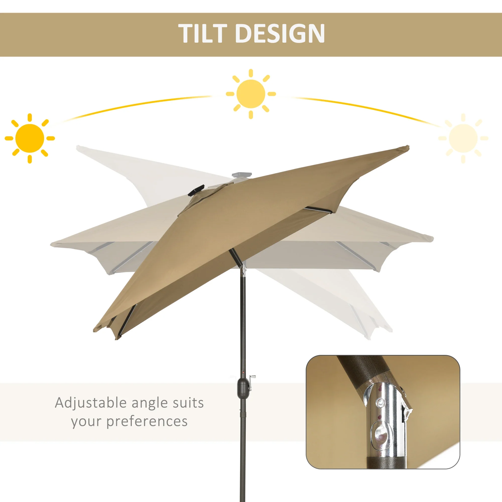 6.5x10ft Rectangle Solar Tilt Umbrella, Aluminum, Light Coffee - Image 6
