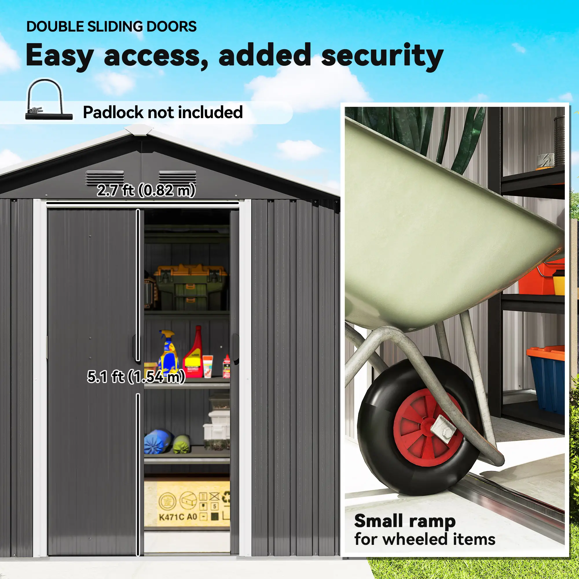 6.5x3.5ft Metal Garden Shed, Outdoor Tool Storage, Double Sliding Doors, Vents, Dark Grey - Image 5