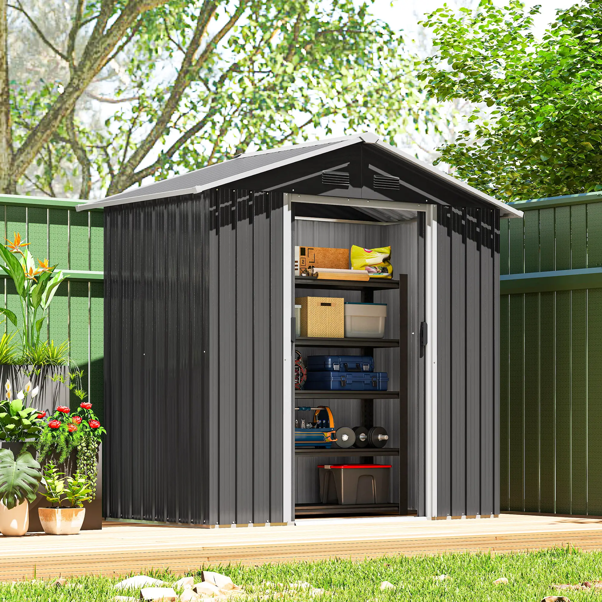 6.5x3.5ft Metal Garden Shed, Outdoor Tool Storage, Double Sliding Doors, Vents, Dark Grey - Image 8