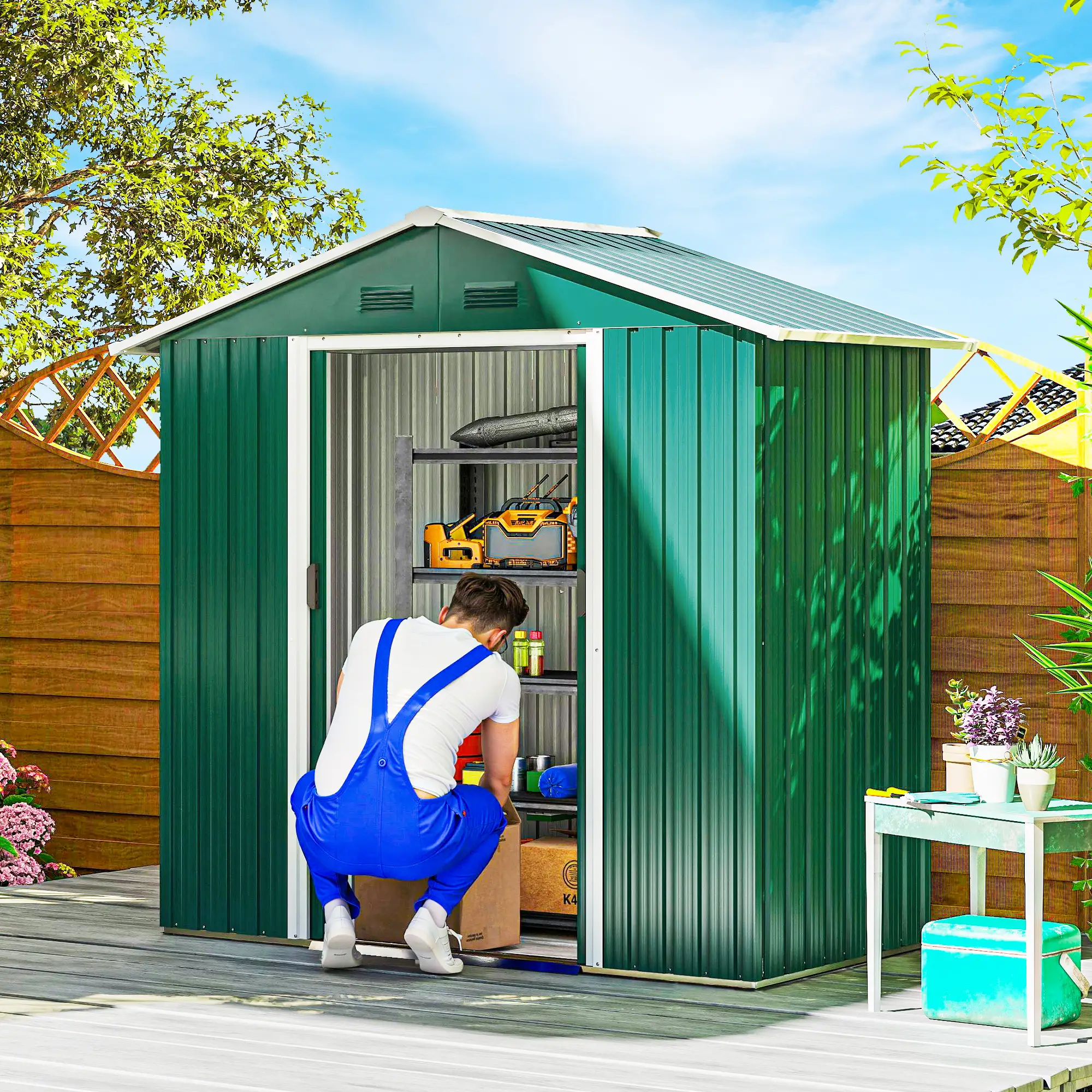 6.5x3.5ft Metal Garden Shed, Outdoor Tool Storage, Double Sliding Doors, Vents, Green - Image 2