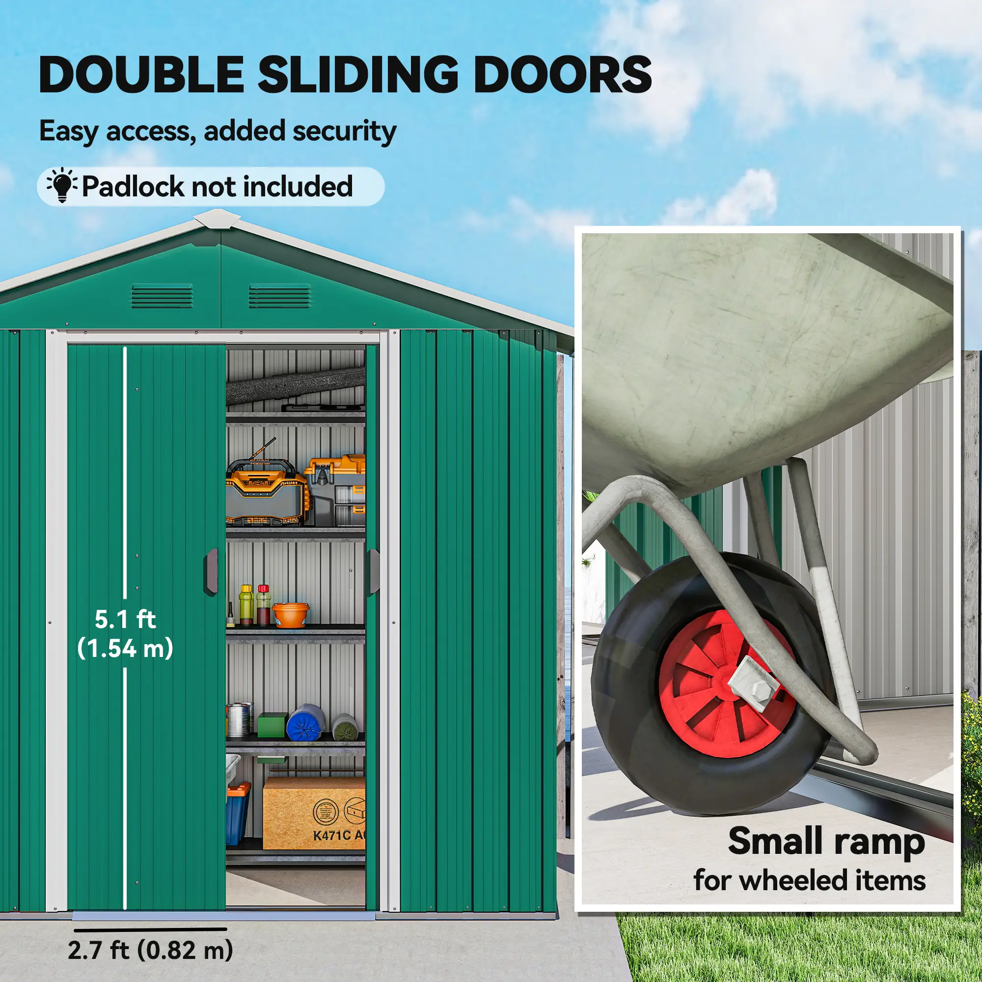 6.5x3.5ft Metal Garden Shed, Outdoor Tool Storage, Double Sliding Doors, Vents, Green - Image 5