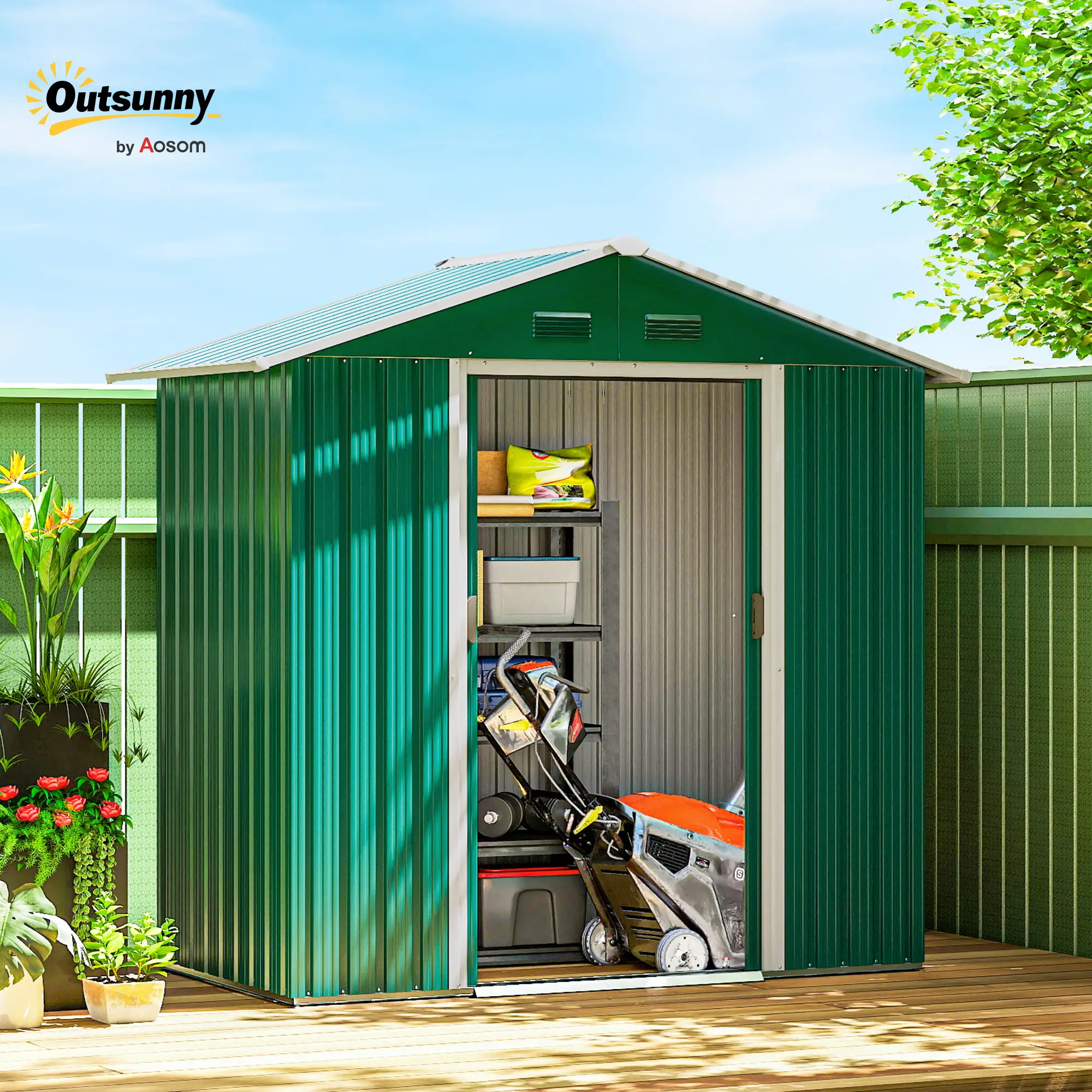 6.5x3.5ft Metal Garden Shed, Outdoor Tool Storage, Double Sliding Doors, Vents, Green - Image 8