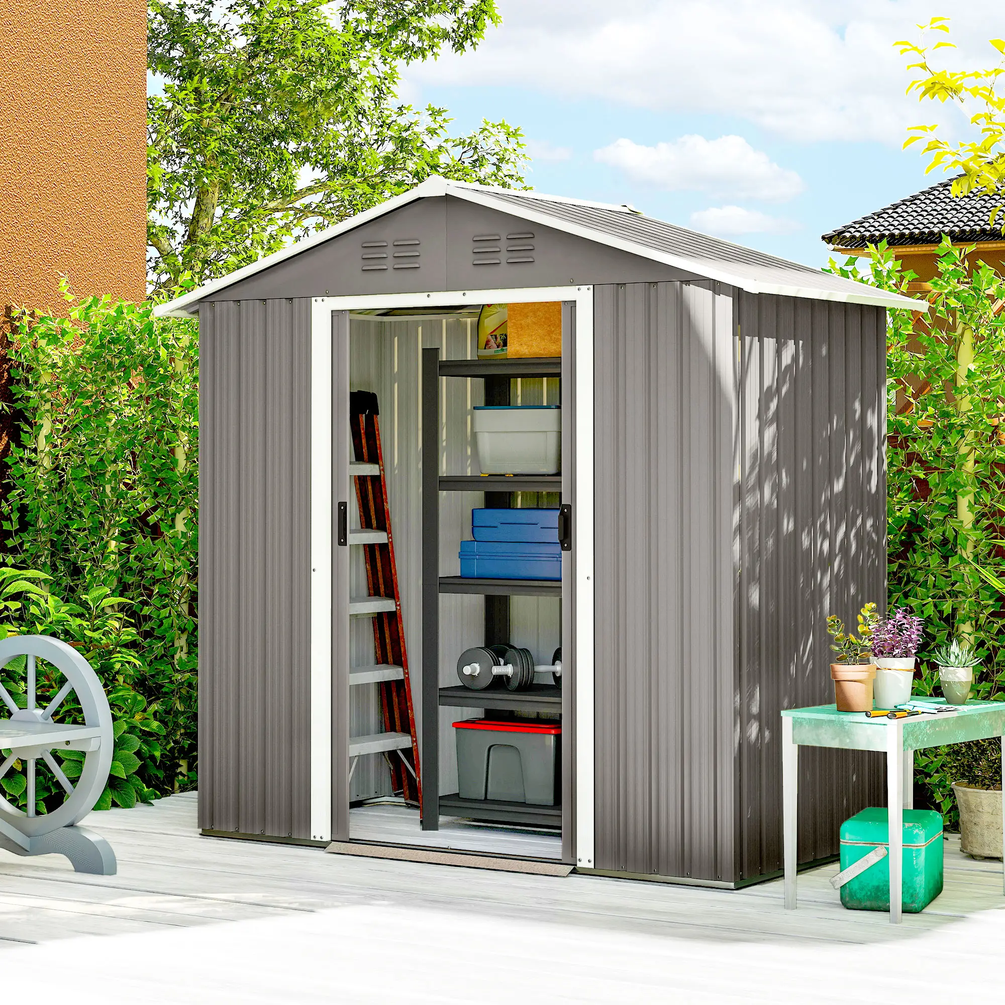 6.5x3.5ft Metal Garden Storage Shed, Double Sliding Doors, Light Grey - Image 2