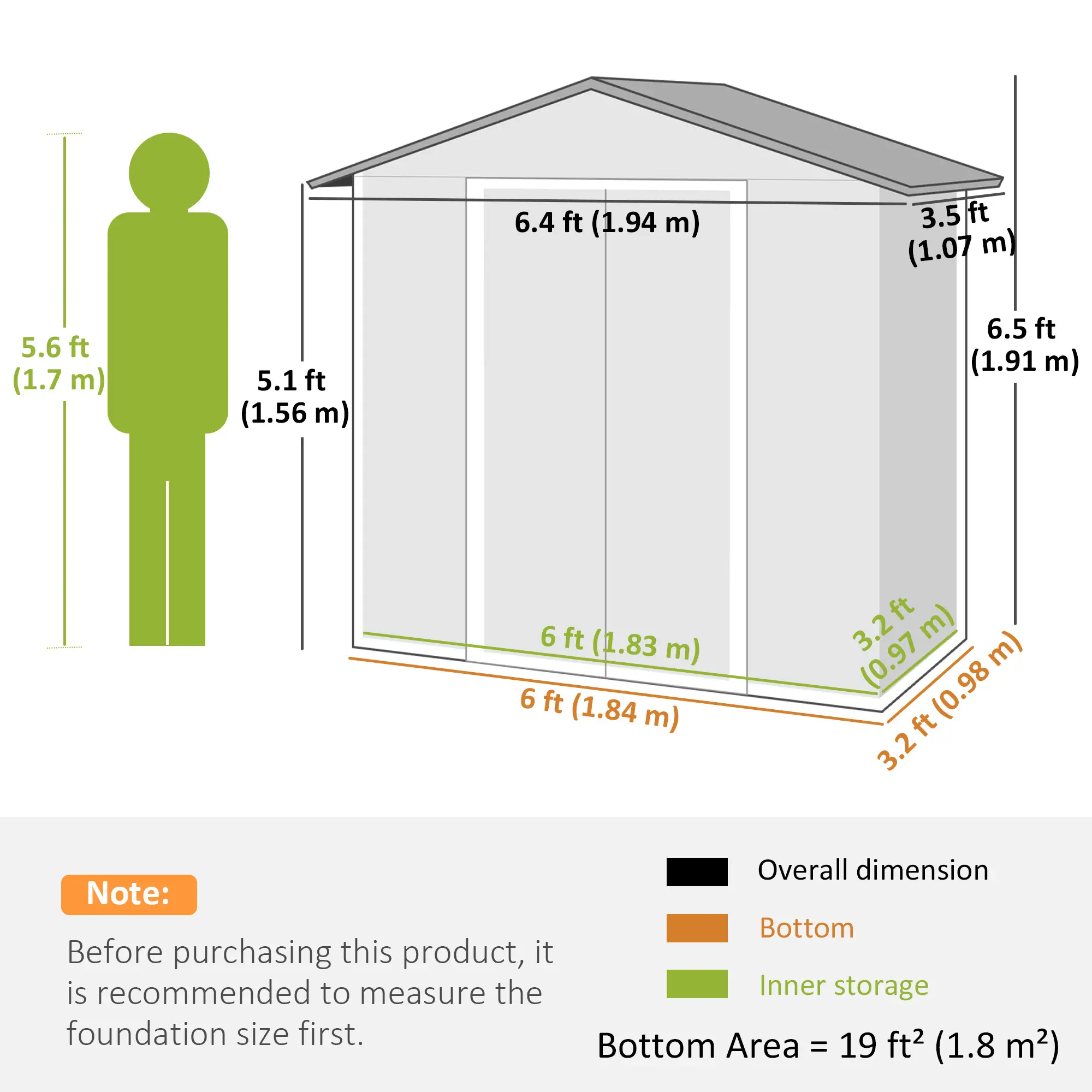 6.5x3.5ft Metal Garden Storage Shed, Double Sliding Doors, Light Grey - Image 3