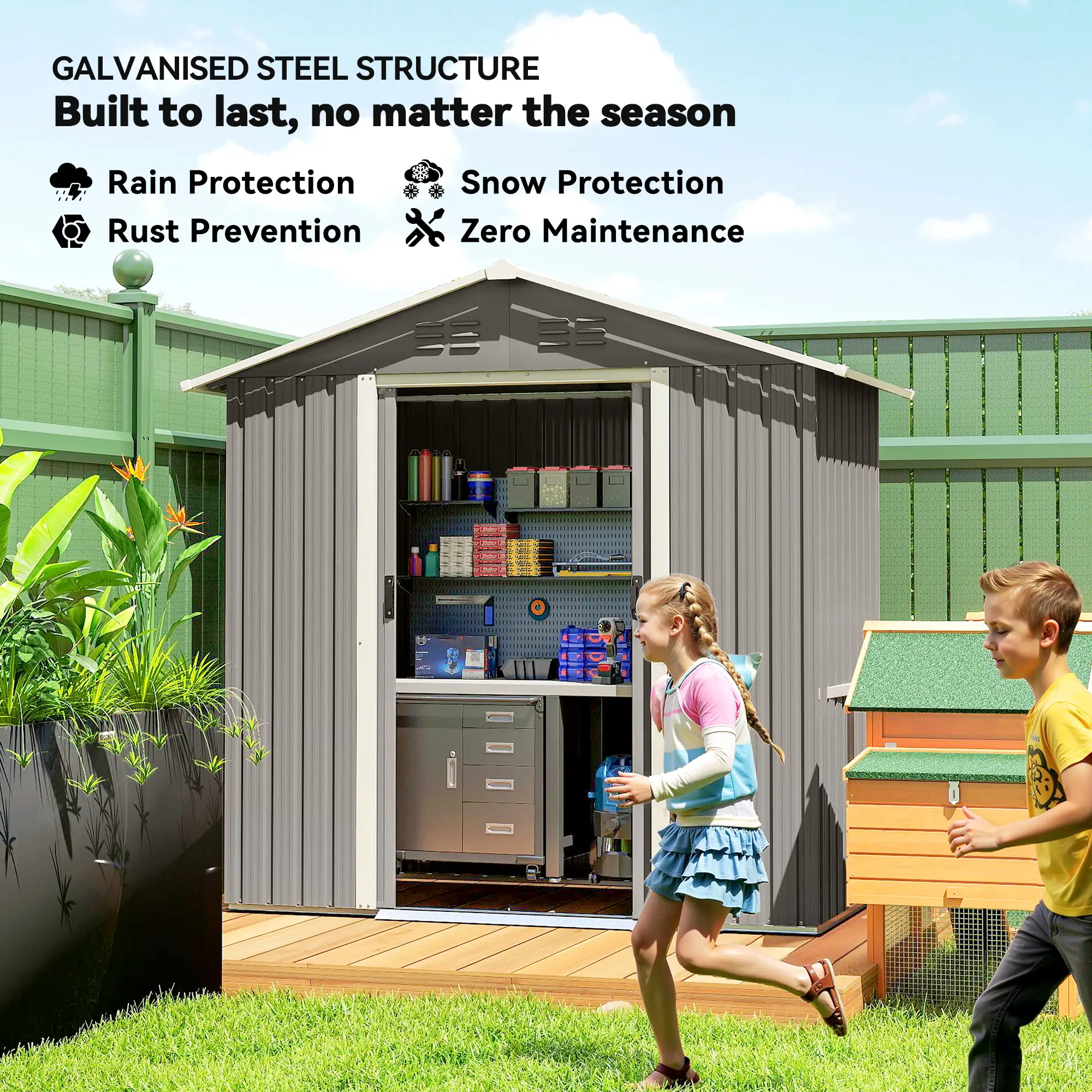 6.5x3.5ft Metal Garden Storage Shed, Double Sliding Doors, Light Grey - Image 4