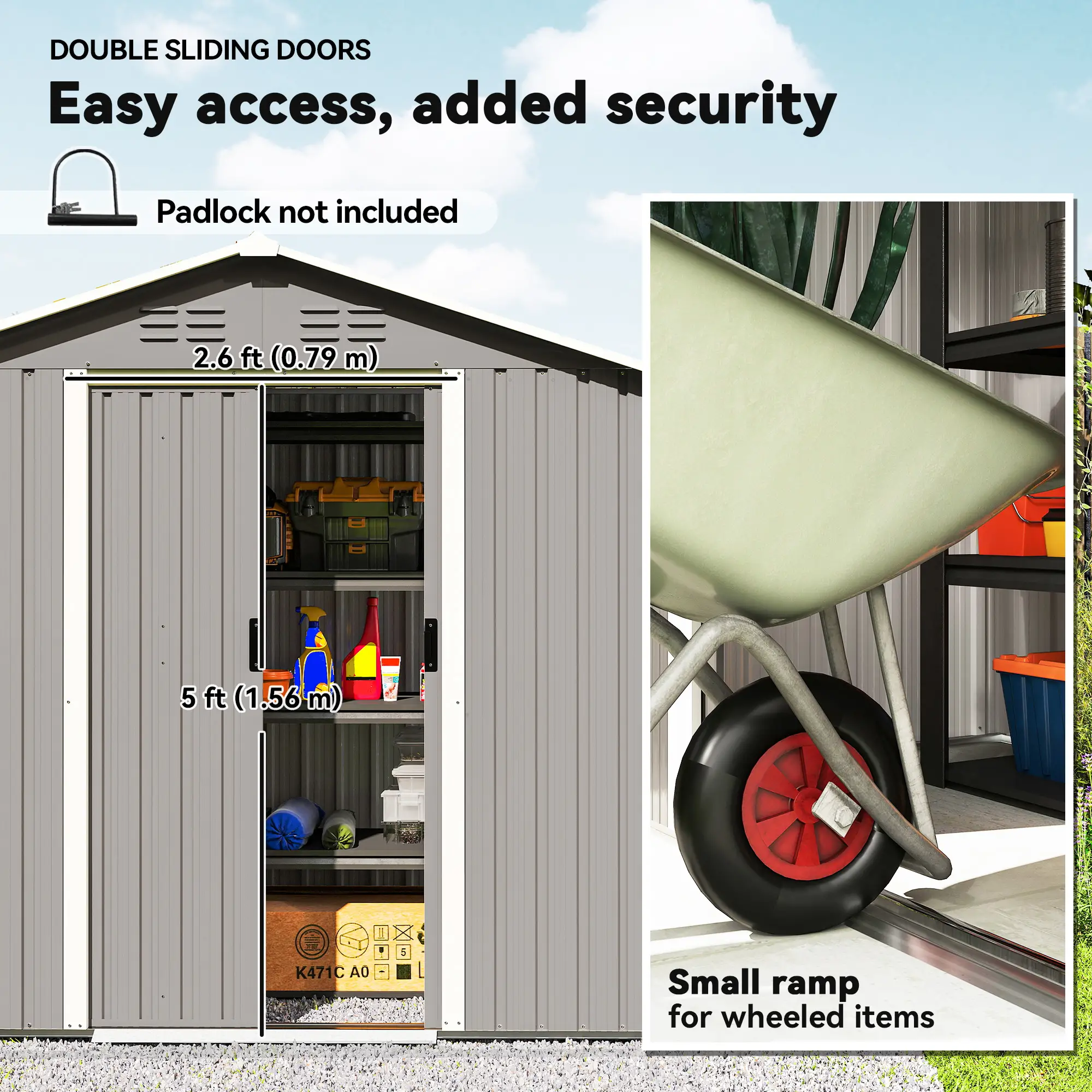 6.5x3.5ft Metal Garden Storage Shed, Double Sliding Doors, Light Grey - Image 5