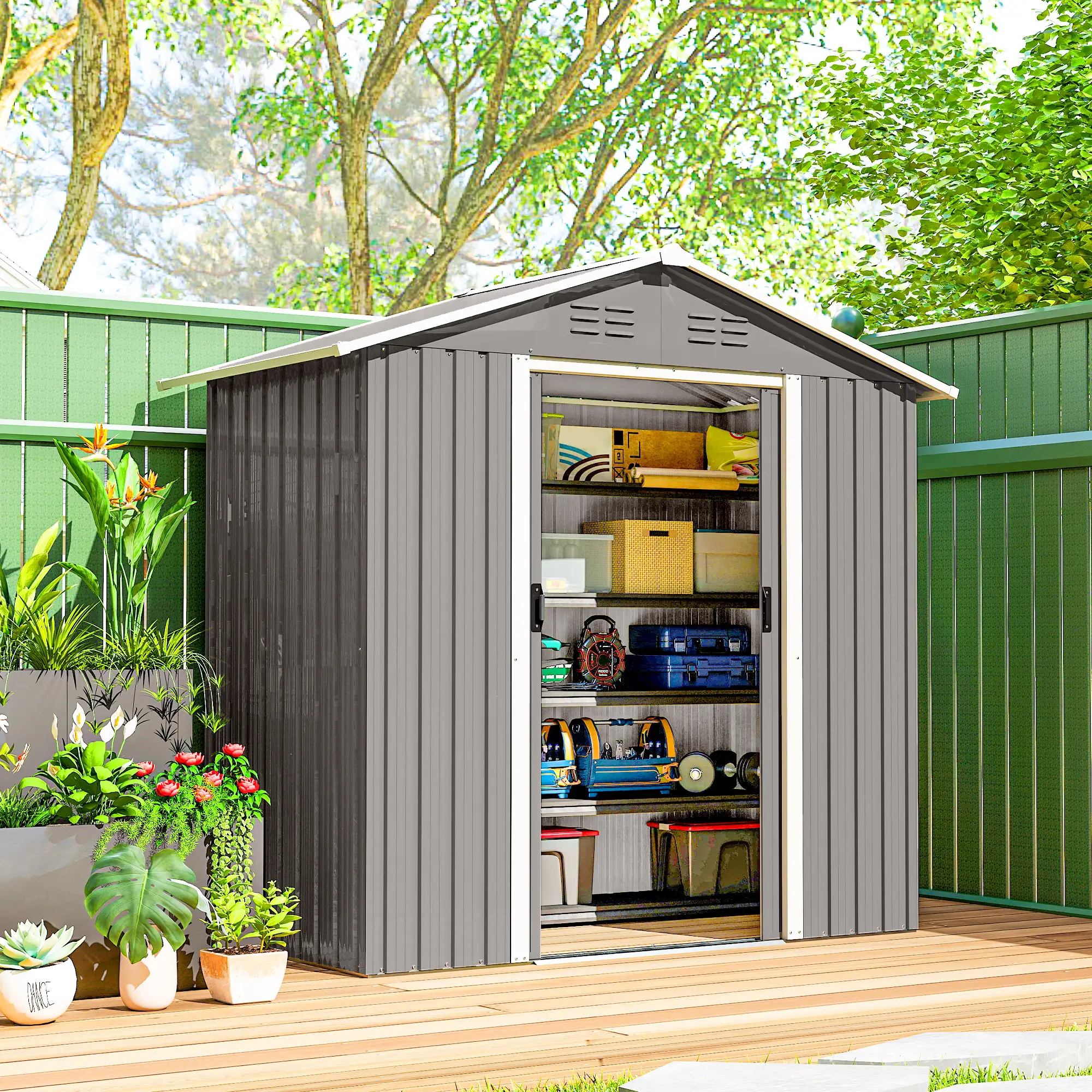 6.5x3.5ft Metal Garden Storage Shed, Double Sliding Doors, Light Grey - Image 8