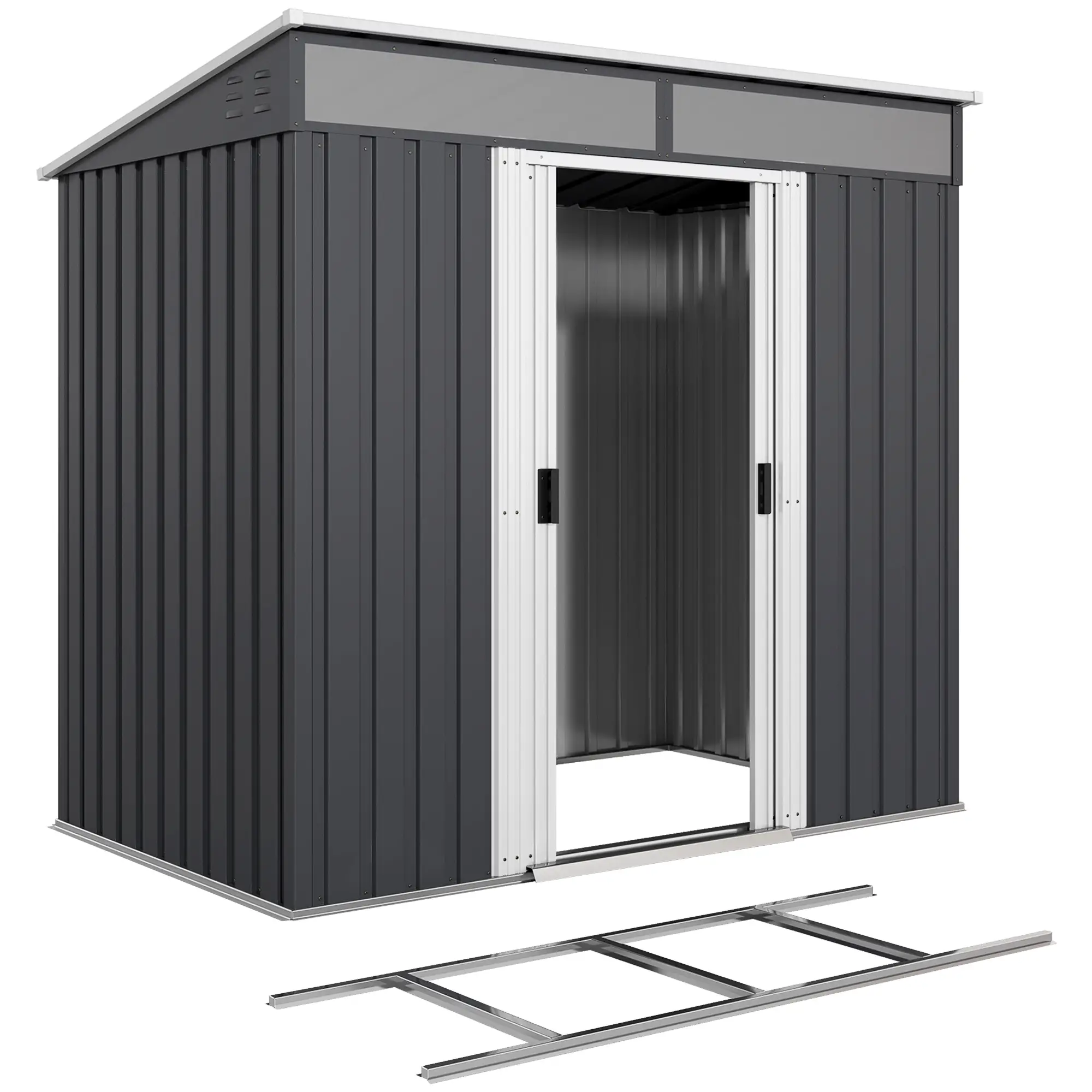 6.5x4FT Galvanised Metal Shed, Foundation Kit, Lockable Garden Storage, Sliding Doors, Vents, Grey - Image 11
