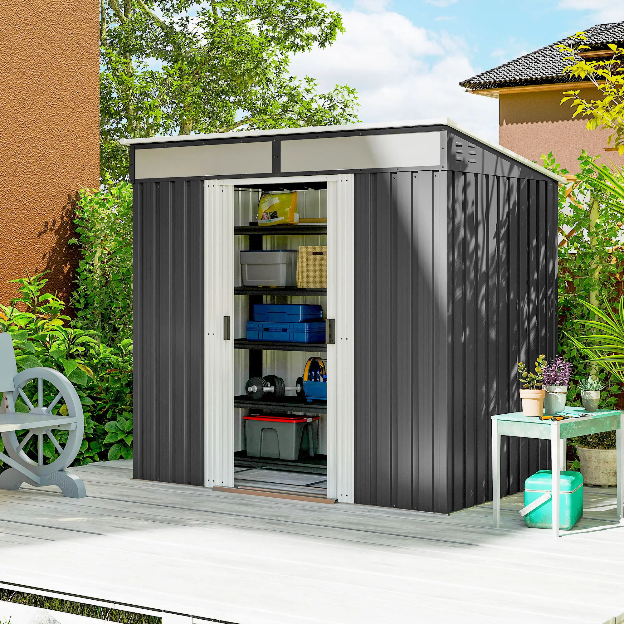 6.5x4FT Galvanised Metal Shed, Foundation Kit, Lockable Garden Storage, Sliding Doors, Vents, Grey - Image 2