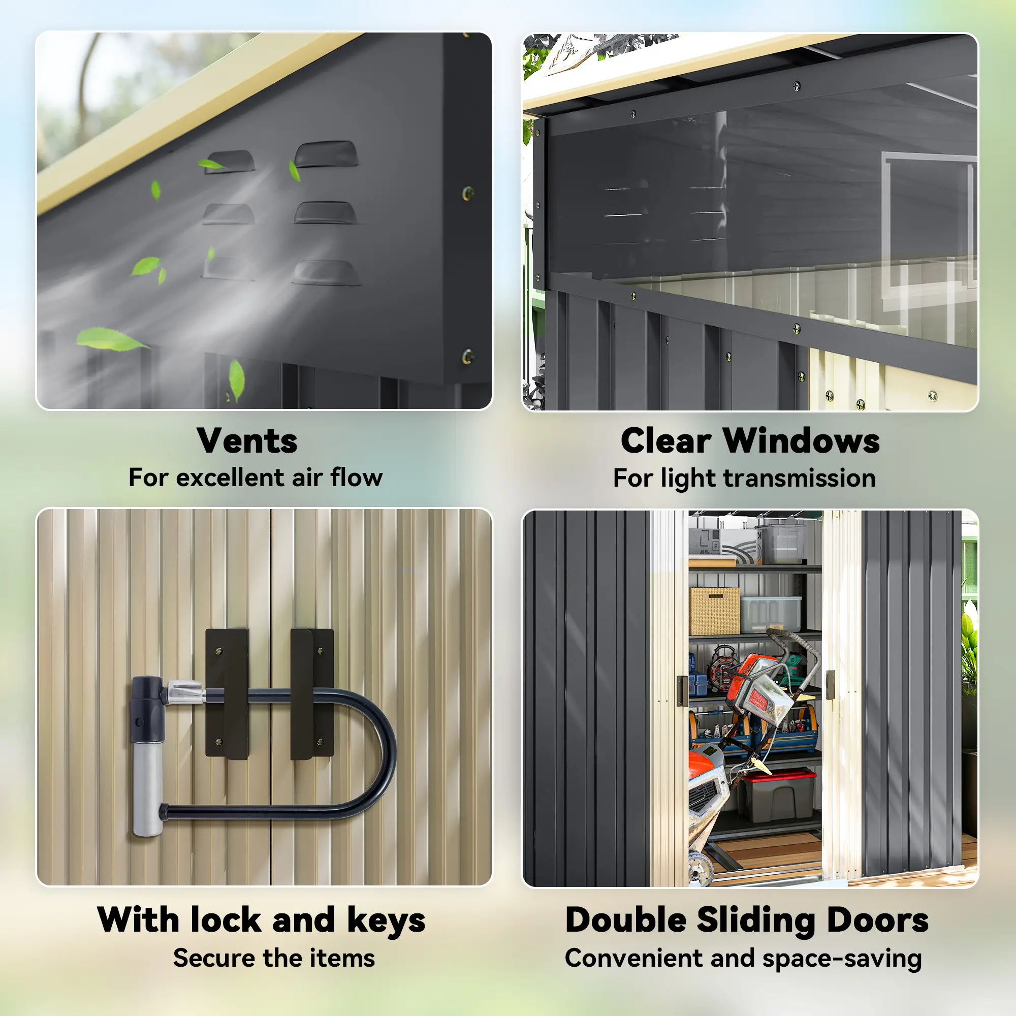 6.5x4FT Galvanised Metal Shed, Foundation Kit, Lockable Garden Storage, Sliding Doors, Vents, Grey - Image 7