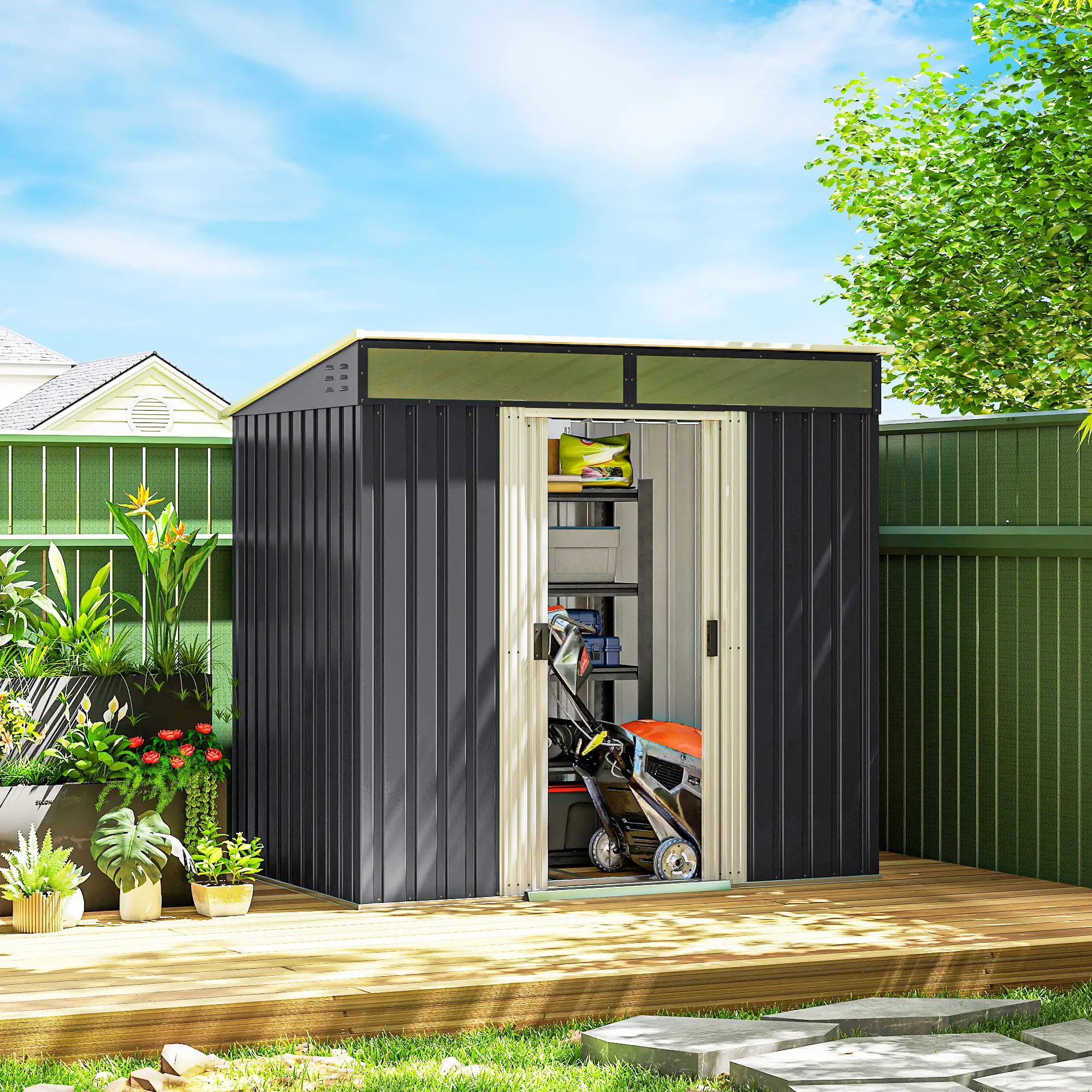 6.5x4FT Galvanised Metal Shed, Foundation Kit, Lockable Garden Storage, Sliding Doors, Vents, Grey - Image 8