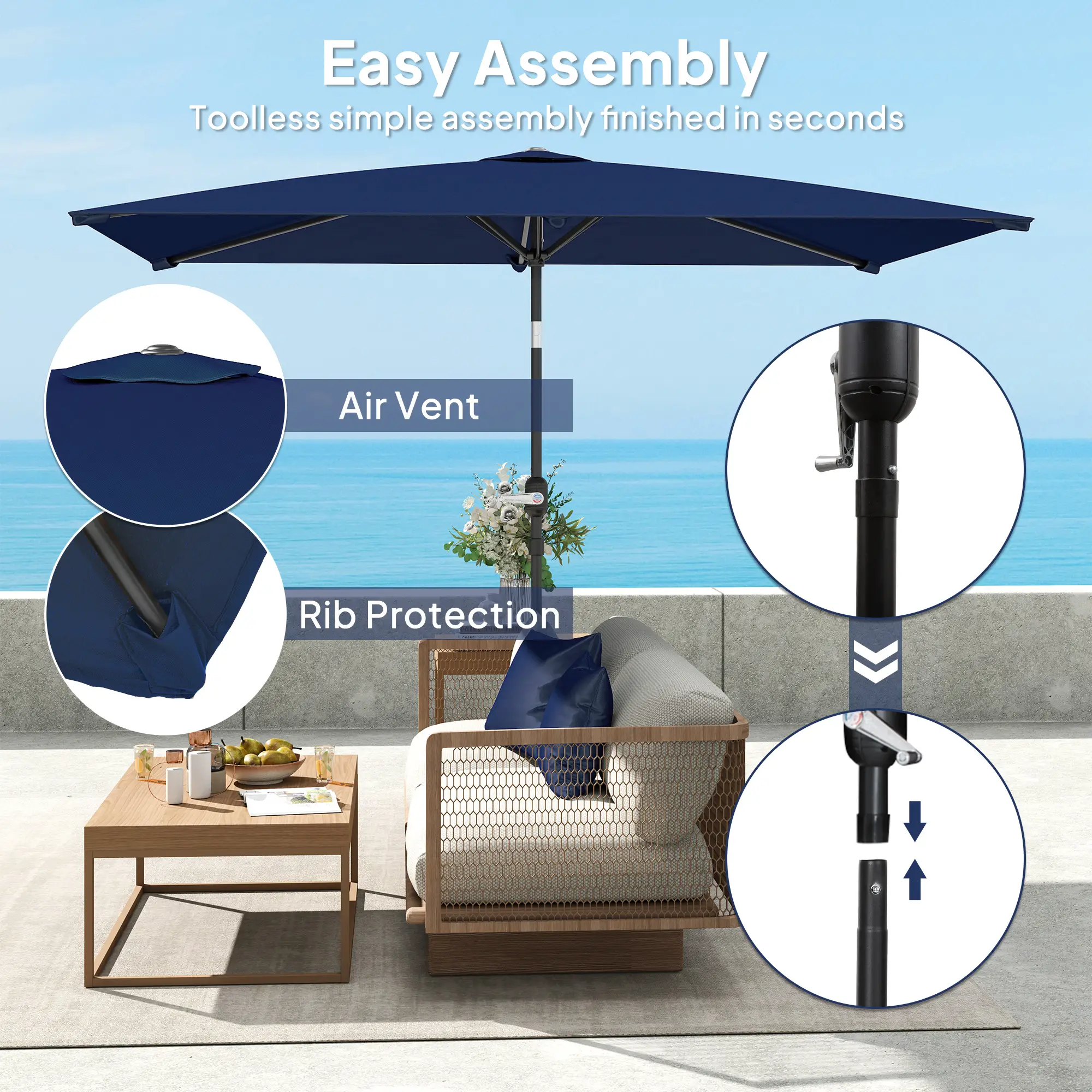 6.5x9.6ft Rectangle Aluminum Tilt Patio Umbrella, Navy Blue - Image 6