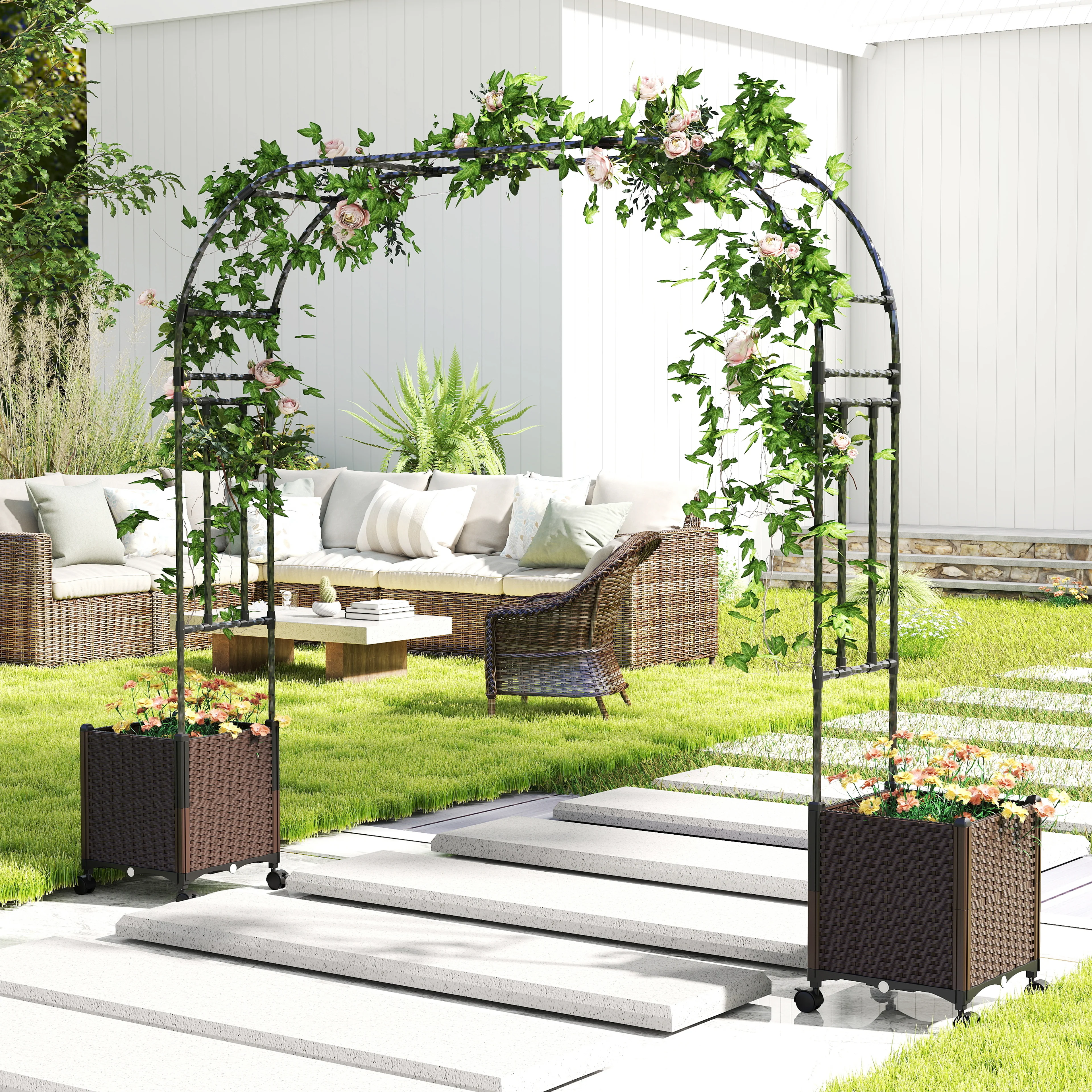 6.6 Feet Garden Arch Trellis, 2 Planter Boxes, Lockable Wheels, Black - Image 2