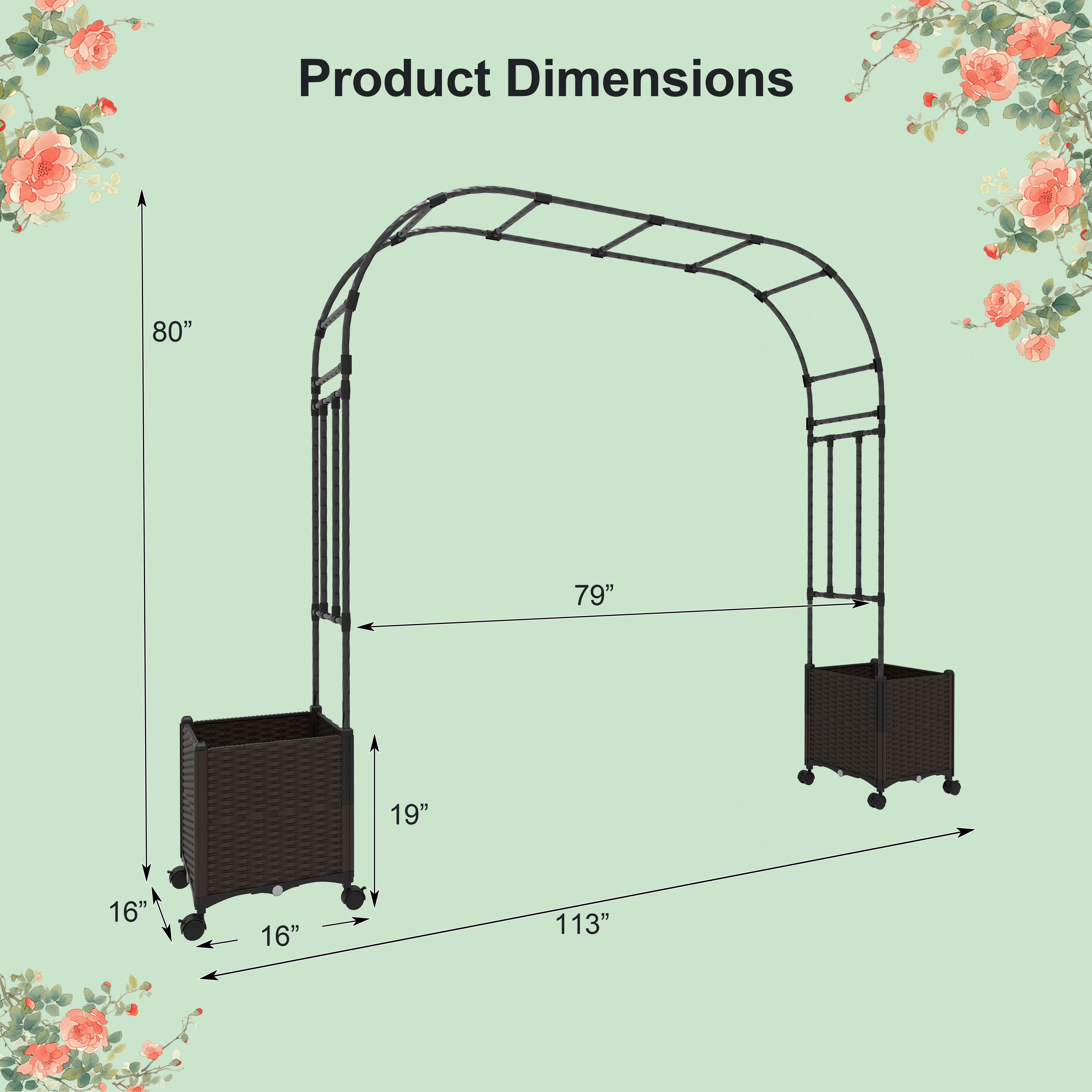 6.6 Feet Garden Arch Trellis, 2 Planter Boxes, Lockable Wheels, Black - Image 4