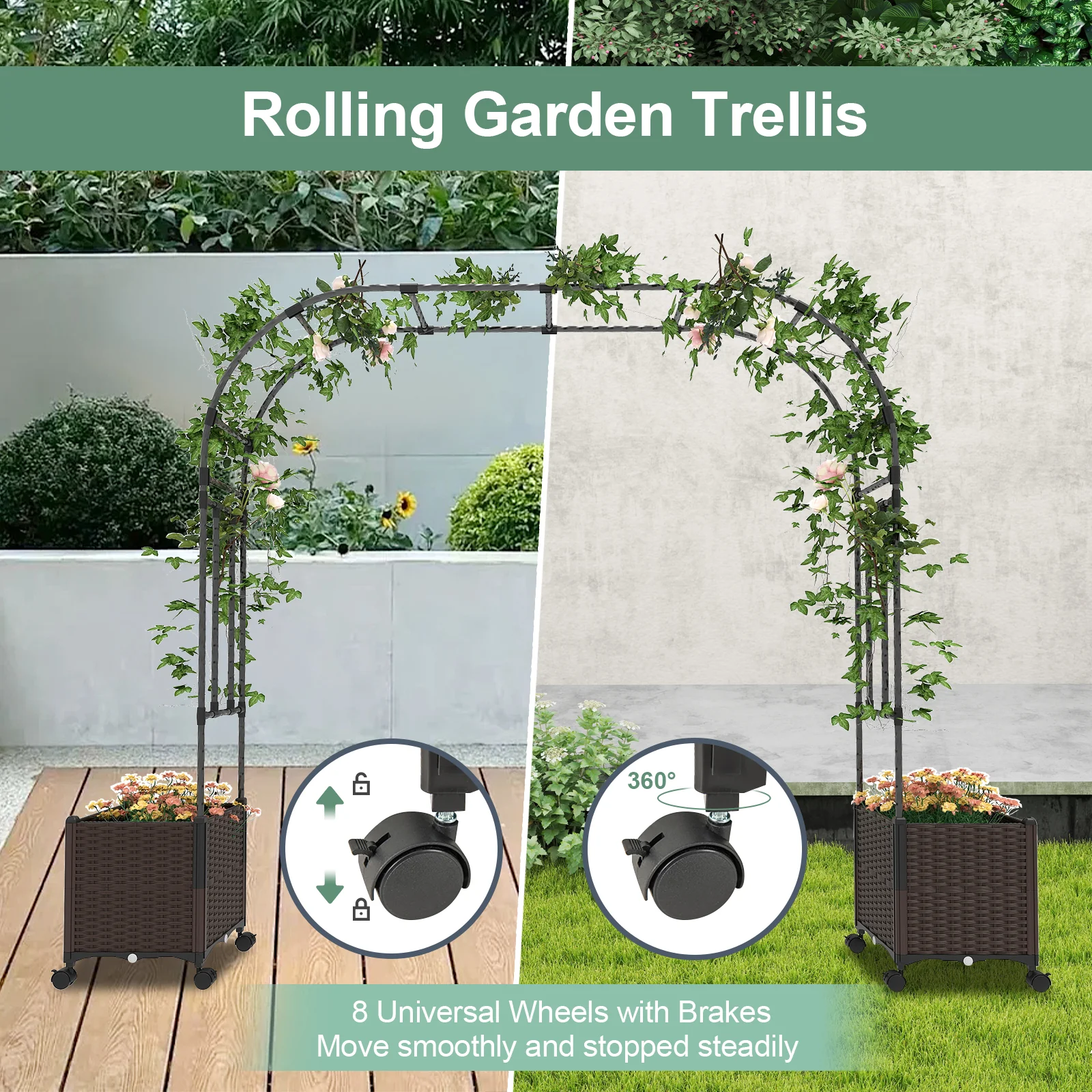 6.6 Feet Garden Arch Trellis, 2 Planter Boxes, Lockable Wheels, Black - Image 8
