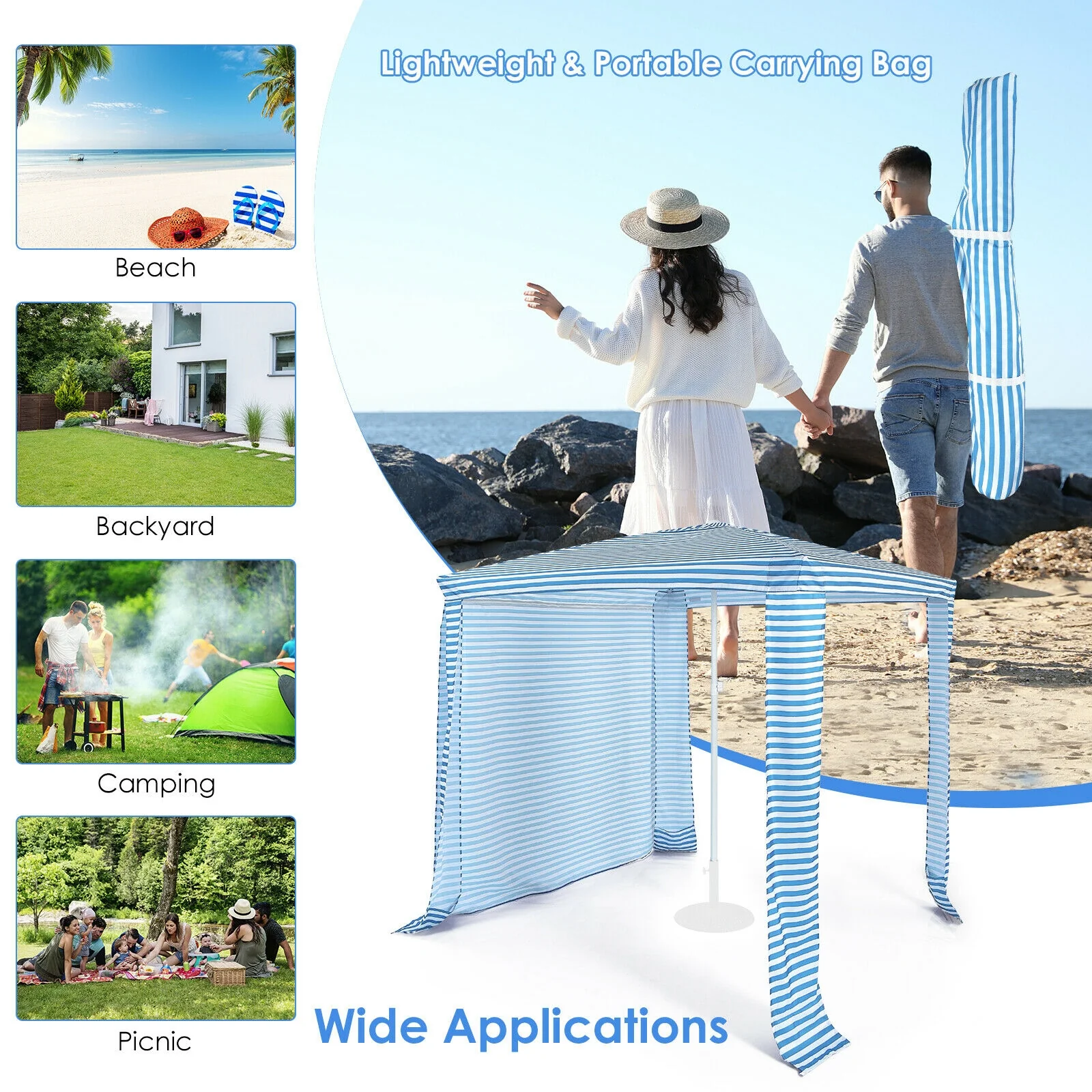 6.6 x 6.6 Feet Foldable Beach Canopy With Carry Bag, Blue - Image 3