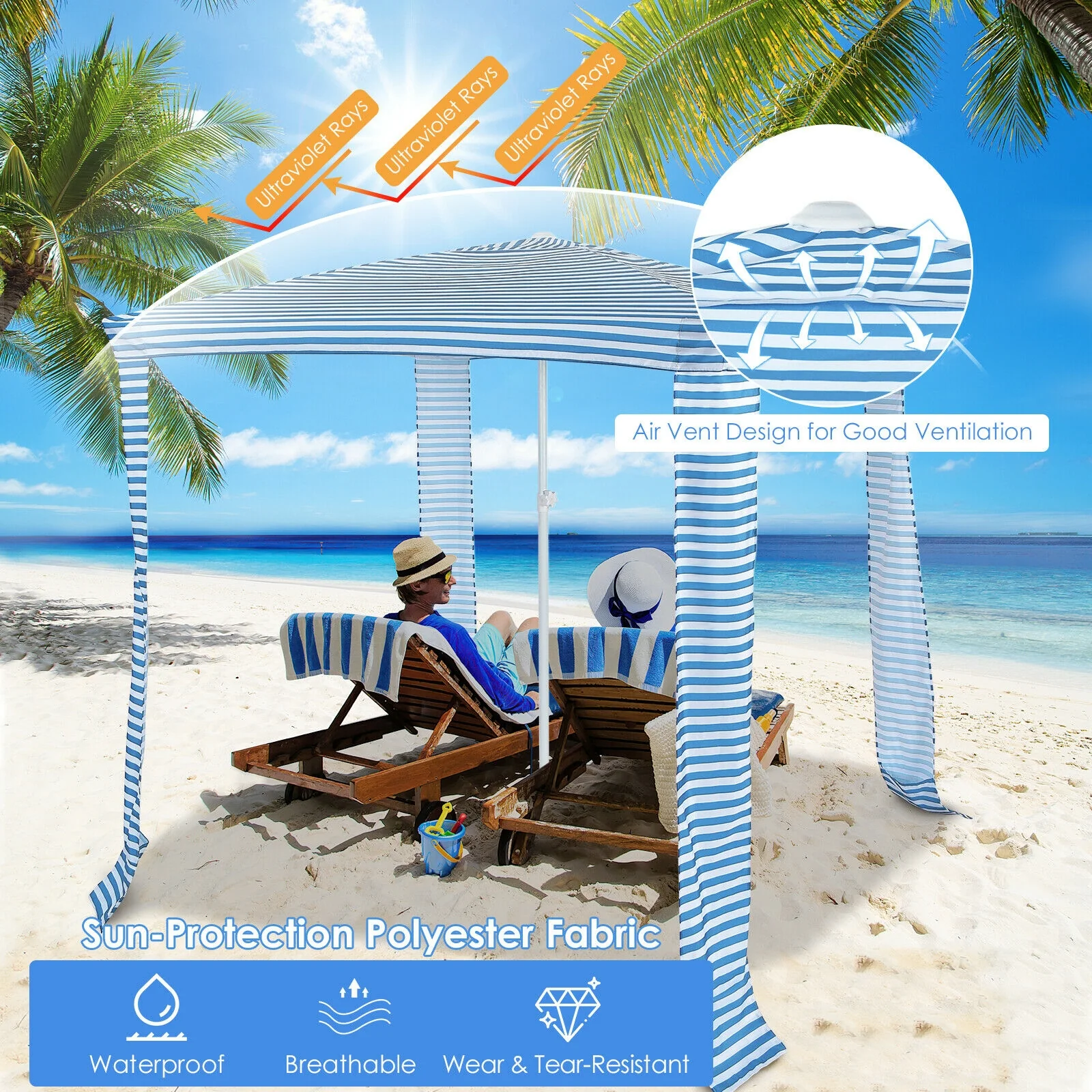 6.6 x 6.6 Feet Foldable Beach Canopy With Carry Bag, Blue - Image 6