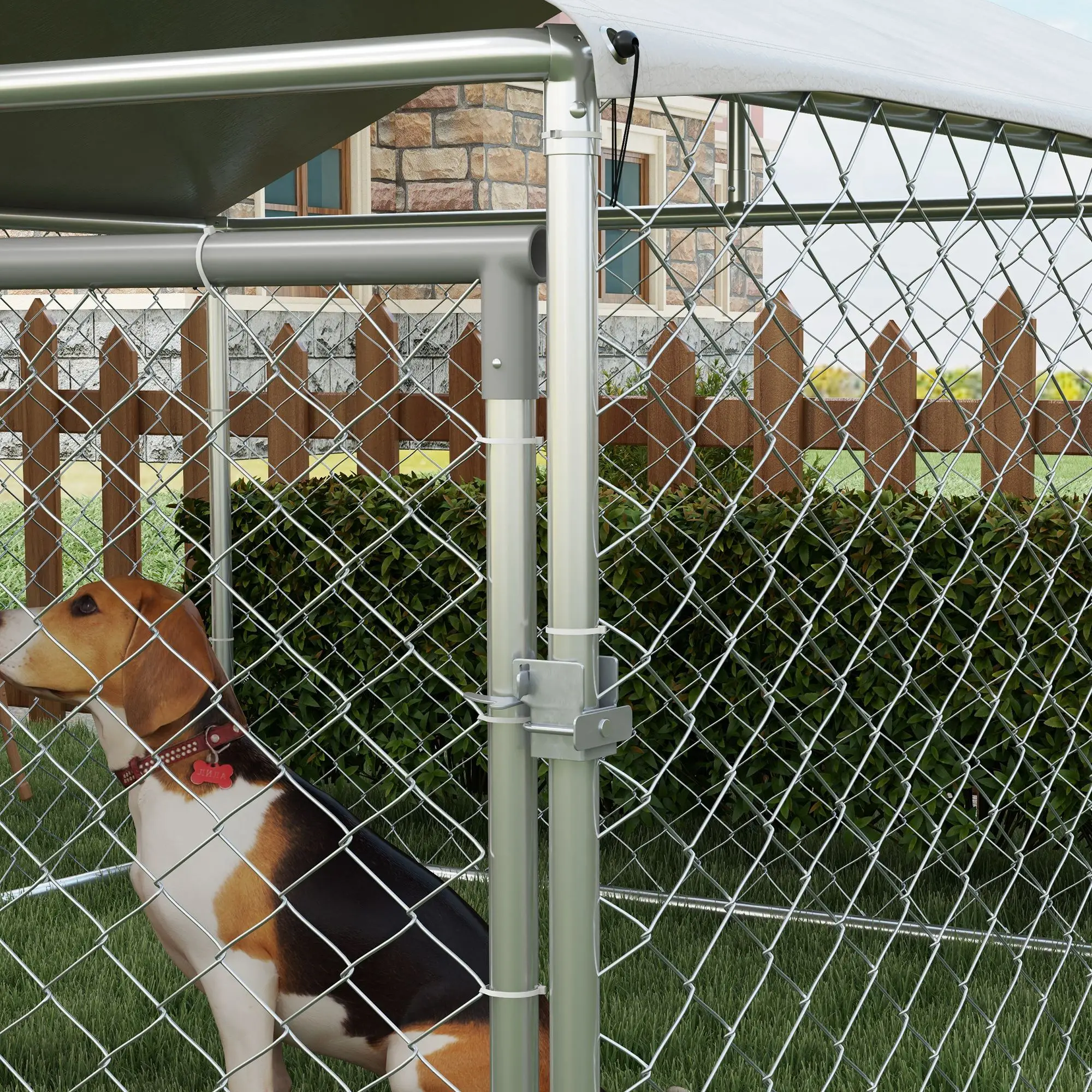 6.6' x 6.6' x 4.9' Outdoor Dog Kennel, Heavy Duty Galvanized Steel, UV-Resistant Roof, Silver - Image 10