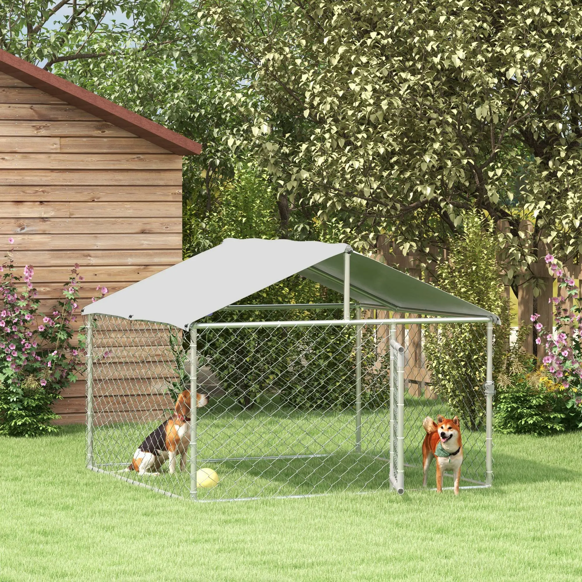 6.6' x 6.6' x 4.9' Outdoor Dog Kennel, Heavy Duty Galvanized Steel, UV-Resistant Roof, Silver - Image 8