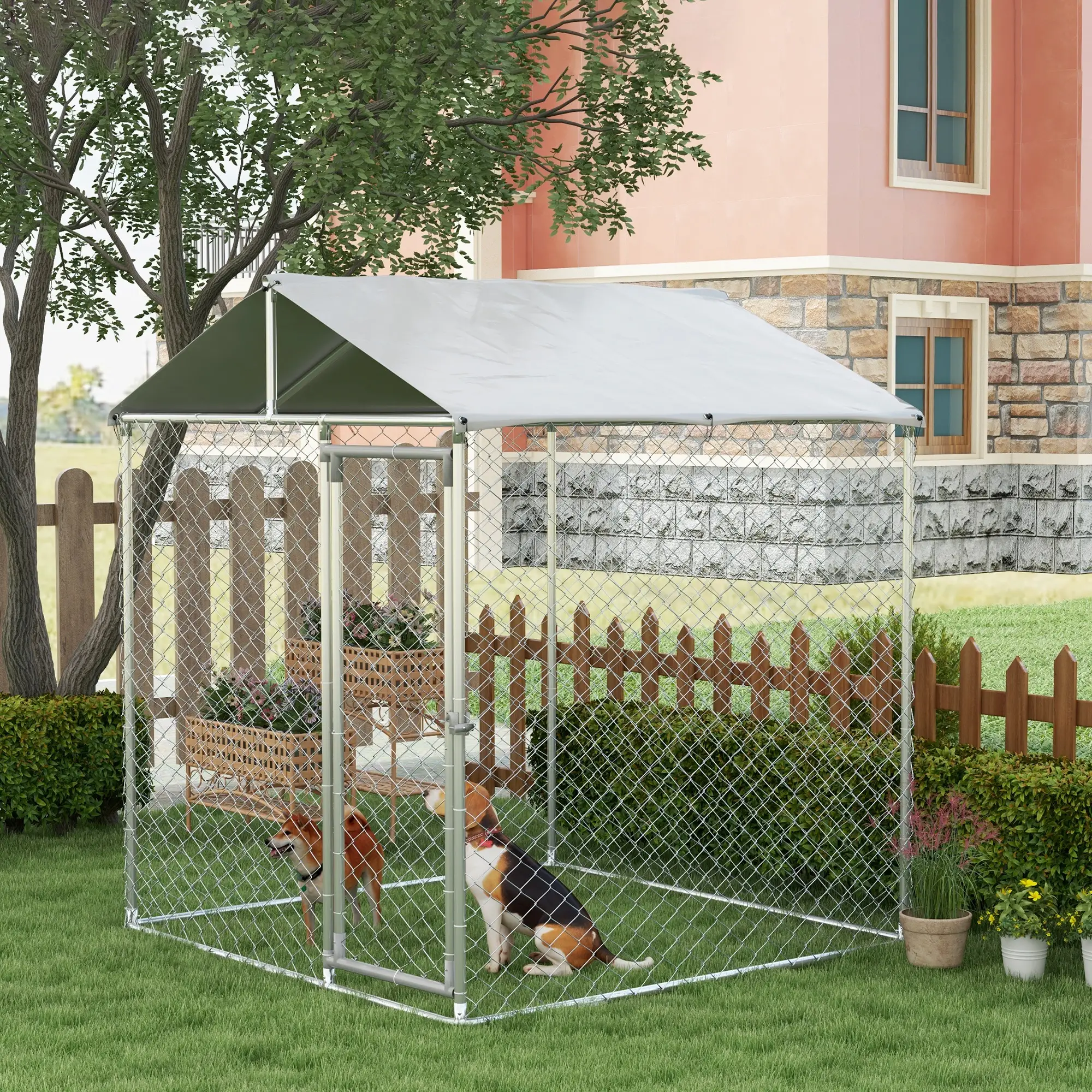 6.6' x 6.6' x 7.8' Outdoor Dog Kennel, Heavy Duty Galvanized Steel, Silver - Image 2