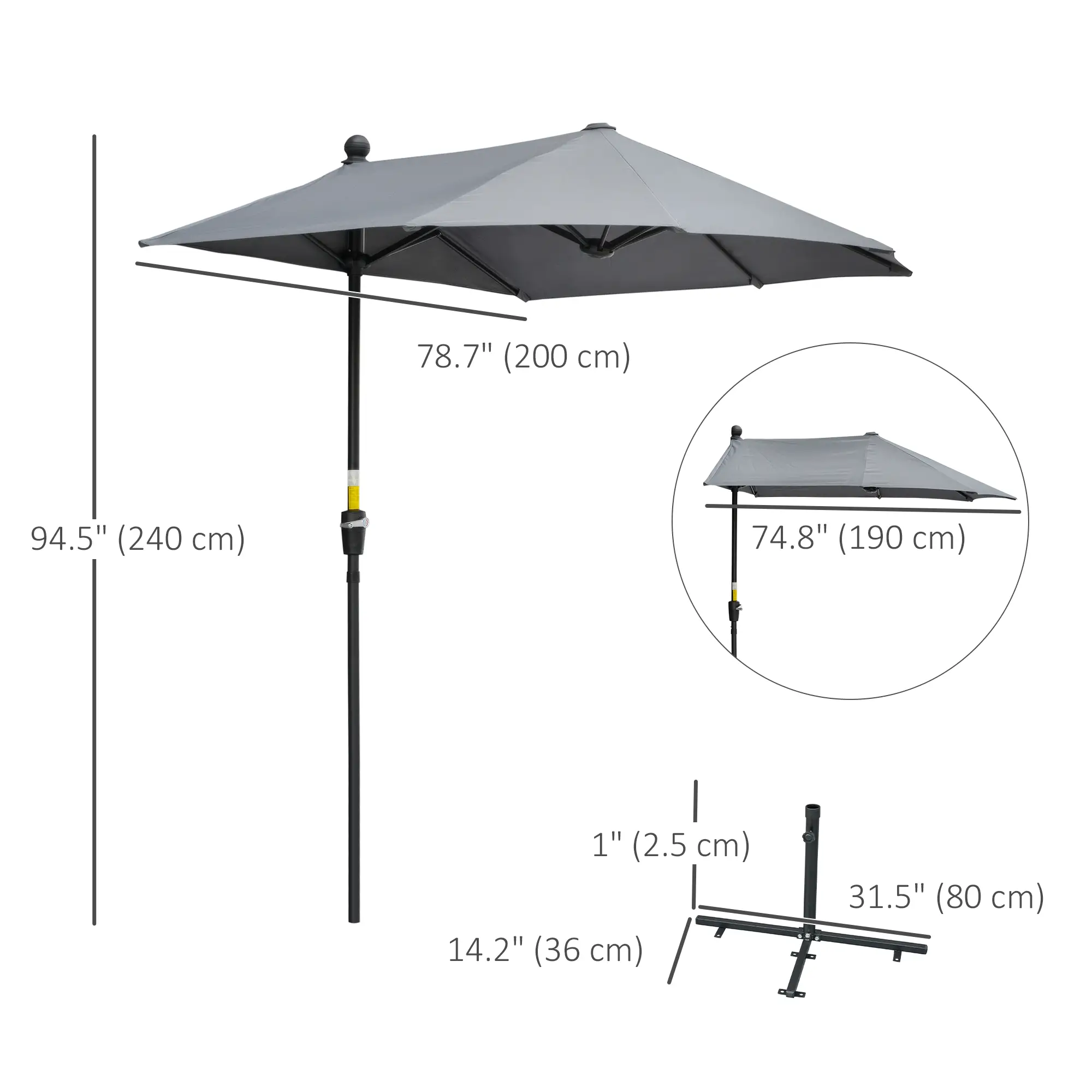 6.6 x 6ft Half Patio Umbrella, Double-Sided Canopy, Crank Handle, Grey - Image 3