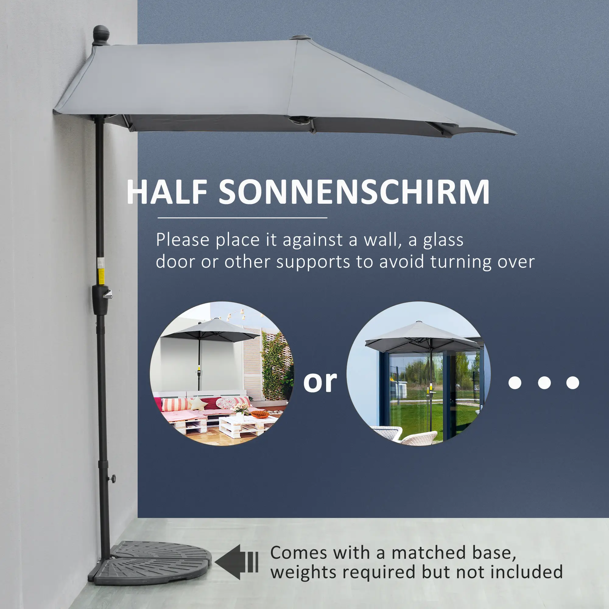 6.6 x 6ft Half Patio Umbrella, Double-Sided Canopy, Crank Handle, Grey - Image 4