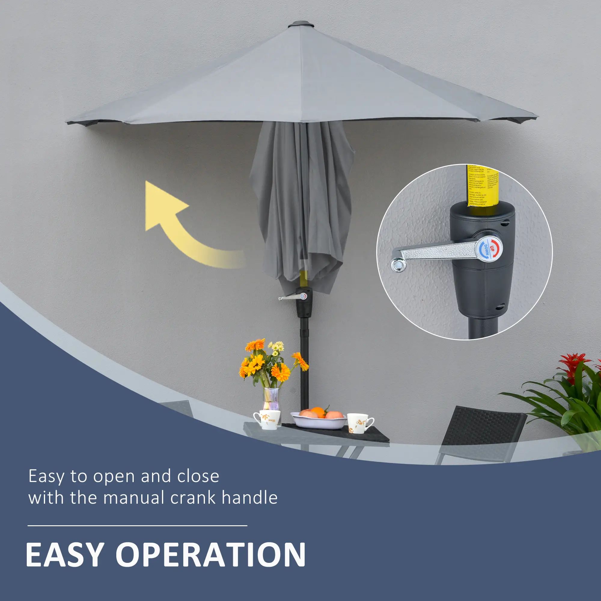 6.6 x 6ft Half Patio Umbrella, Double-Sided Canopy, Crank Handle, Grey - Image 5