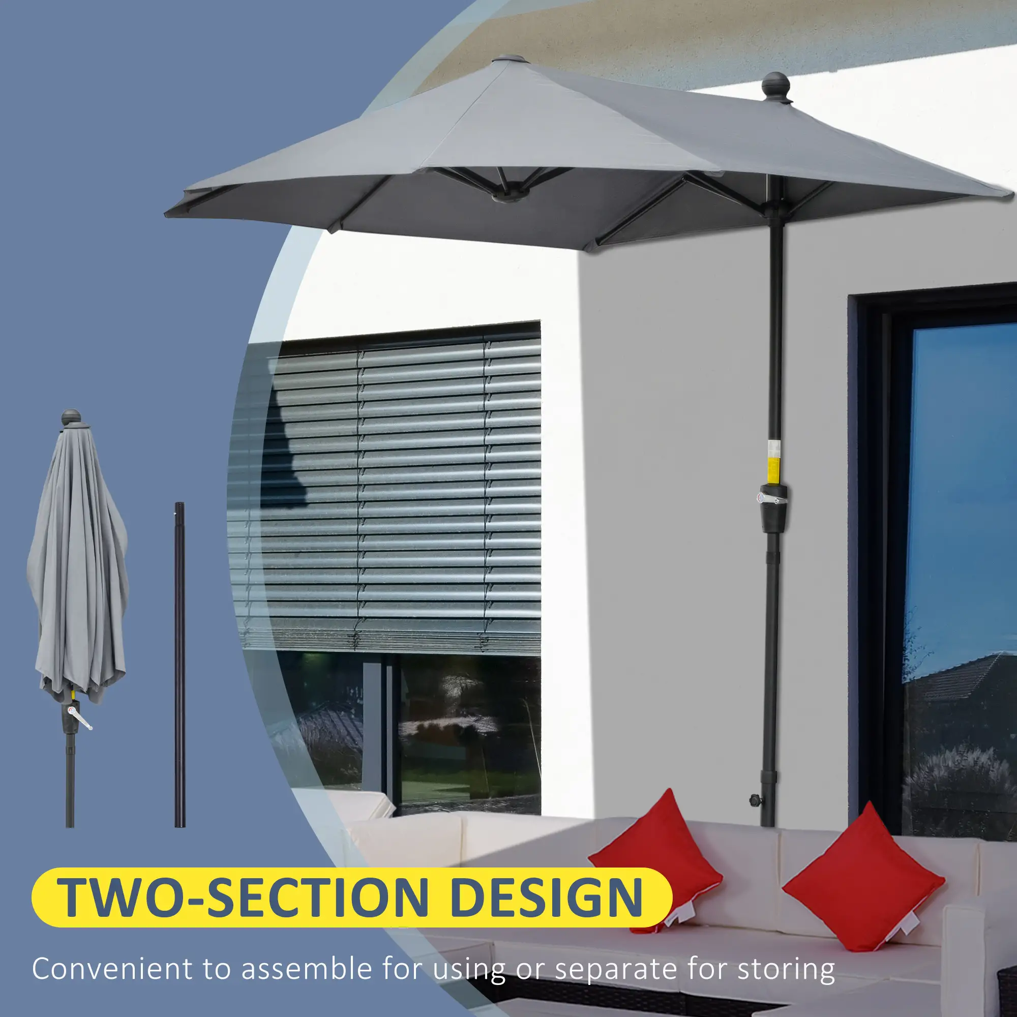 6.6 x 6ft Half Patio Umbrella, Double-Sided Canopy, Crank Handle, Grey - Image 6