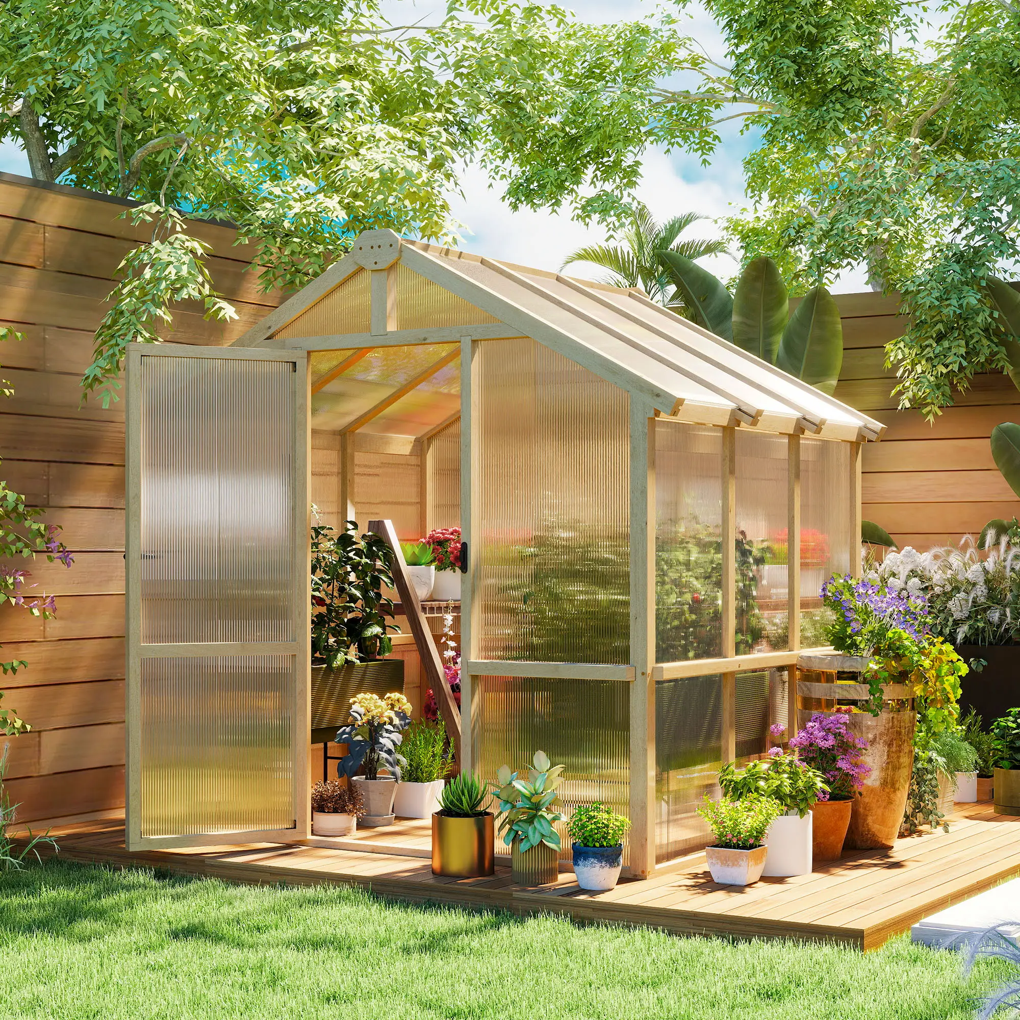 6.6 x 6ft Polycarbonate Greenhouse, Wooden, Lockable Door, Brown - Image 2