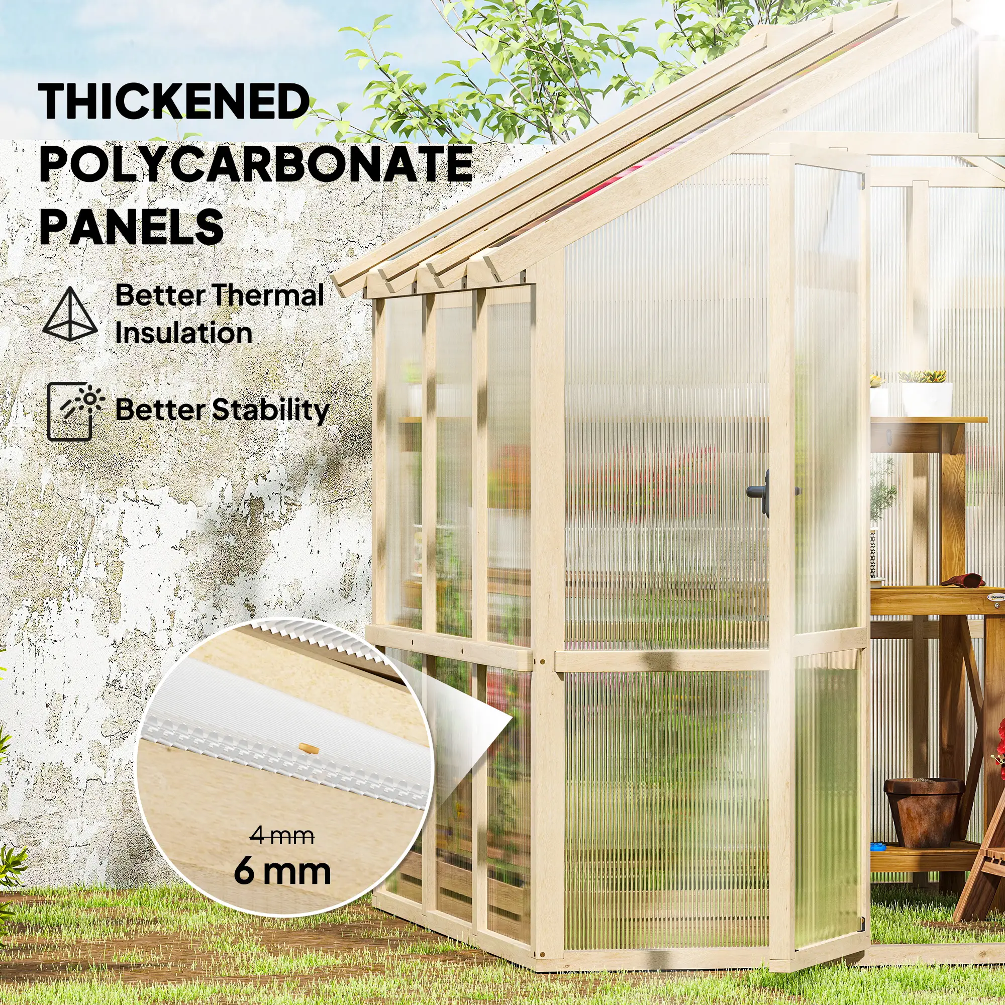 6.6 x 6ft Polycarbonate Greenhouse, Wooden, Lockable Door, Brown - Image 4