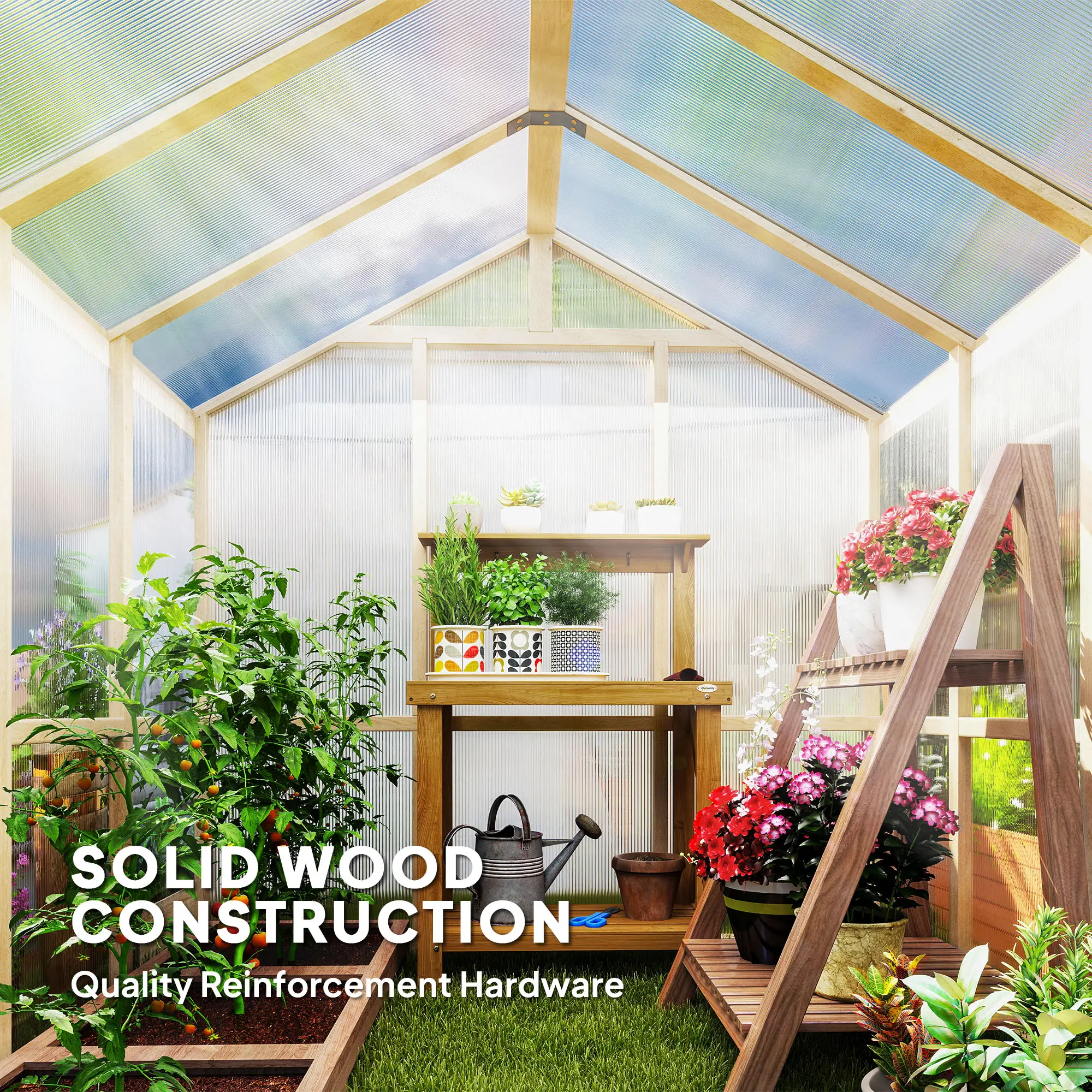 6.6 x 6ft Polycarbonate Greenhouse, Wooden, Lockable Door, Brown - Image 5