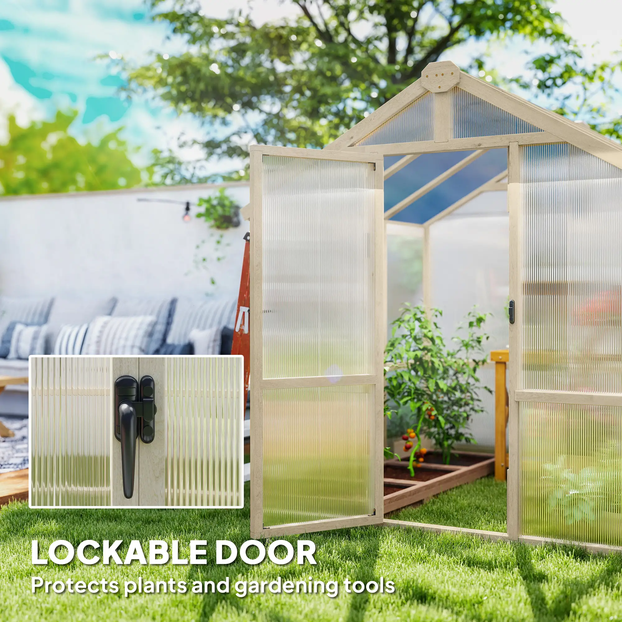 6.6 x 6ft Polycarbonate Greenhouse, Wooden, Lockable Door, Brown - Image 6