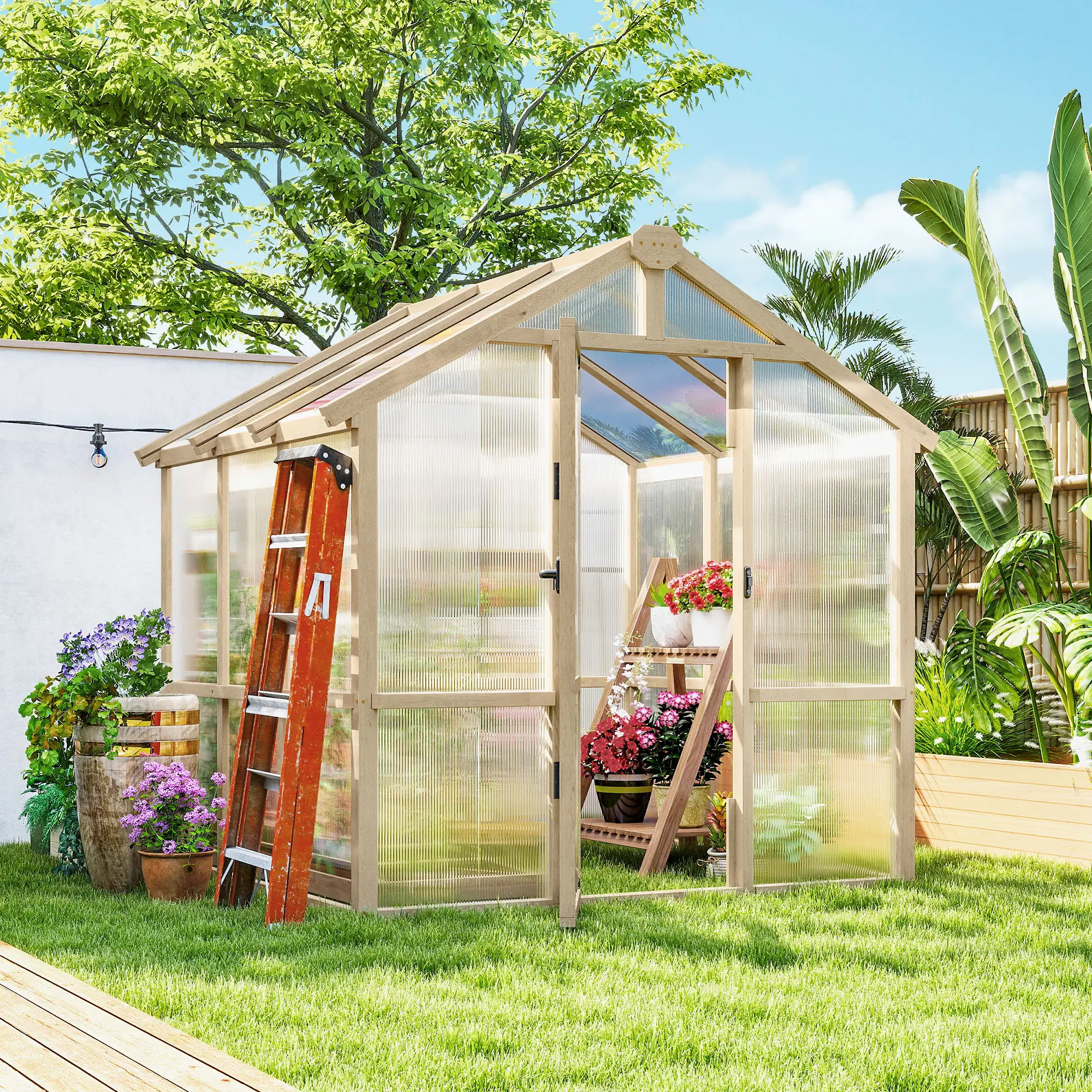6.6 x 6ft Polycarbonate Greenhouse, Wooden, Lockable Door, Brown - Image 8