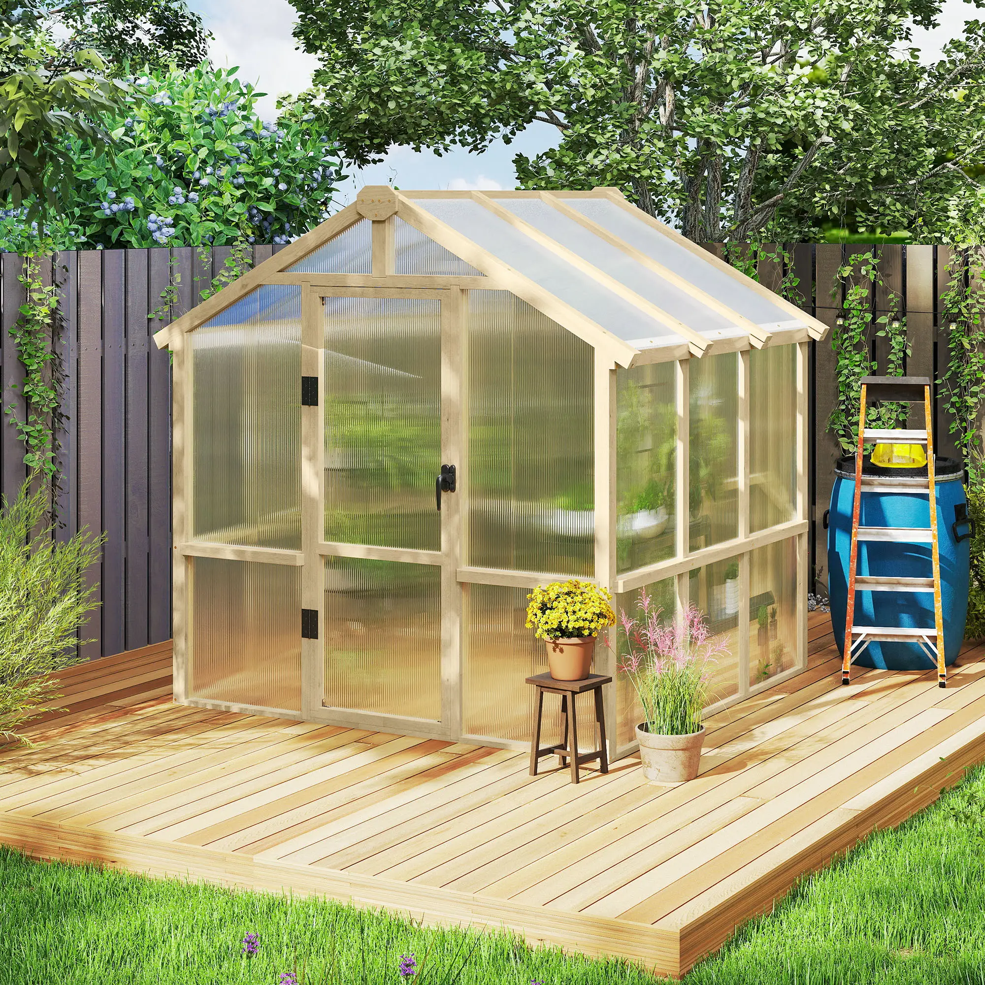 6.6 x 6ft Polycarbonate Greenhouse, Wooden, Lockable Door, Brown - Image 9