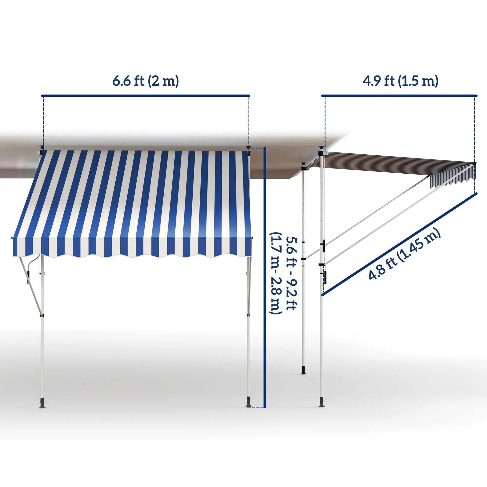 6.6'x5' Manual Retractable Patio Awning, Sun Shade, Water Resistant, Blue - Image 3
