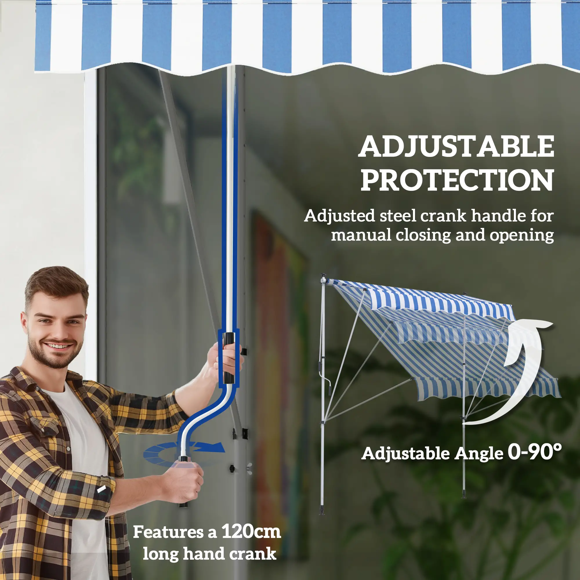 6.6'x5' Manual Retractable Patio Awning, Sun Shade, Water Resistant, Blue - Image 6