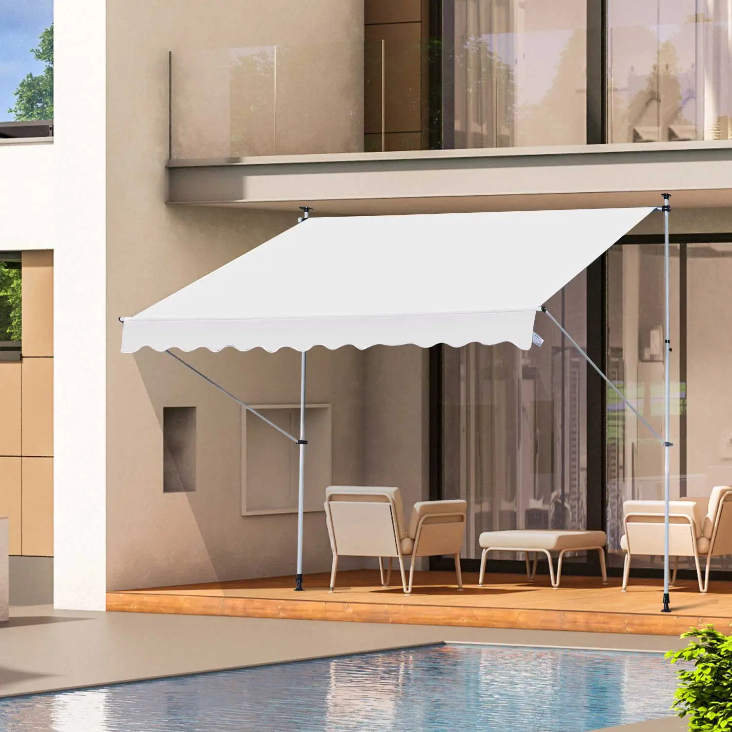 6.6'x5' Manual Retractable Patio Awning, Sun Shade, Water Resistant, White - Image 8