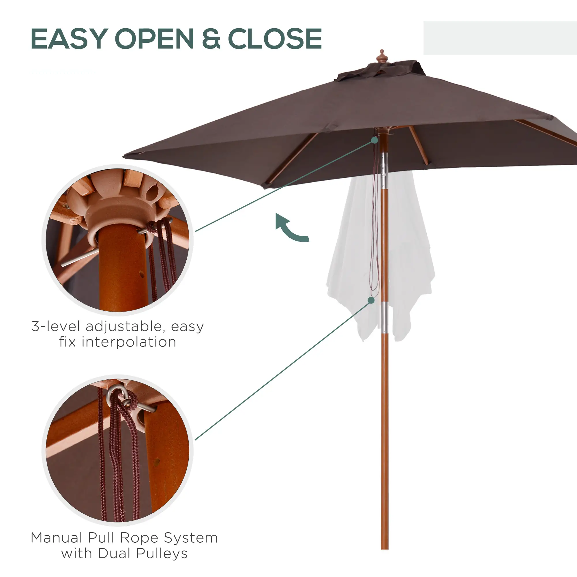 6.6x5ft Square Market Parasol, Wooden Patio Umbrella, Tilt Mechanism, 6 Bamboo Ribs - Image 6