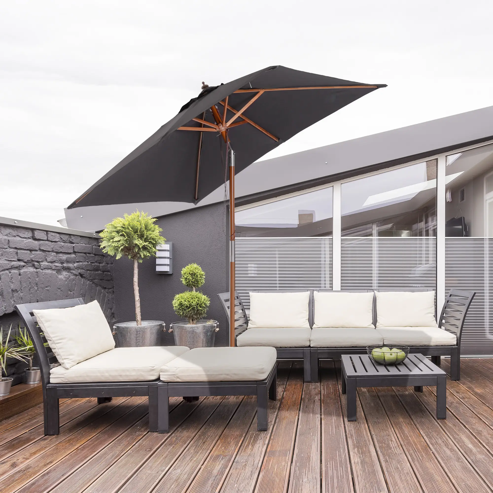 6.6x5ft Square Market Parasol, Wooden Patio Umbrella, Tilt Mechanism, 6 Bamboo Ribs, Dark Grey - Image 2