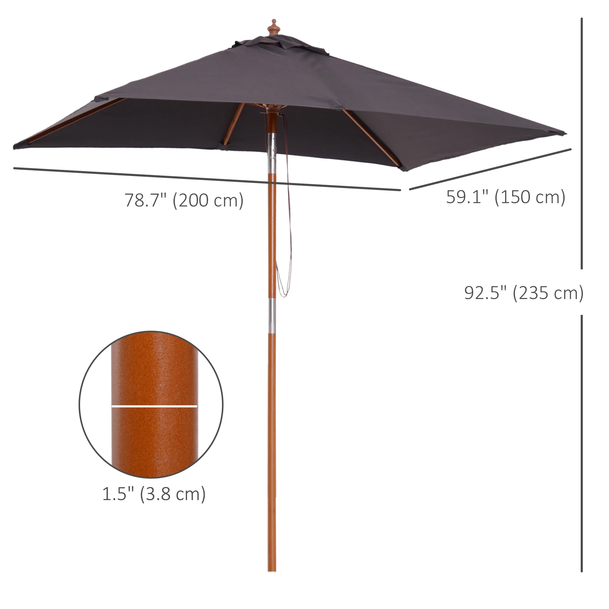 6.6x5ft Square Market Parasol, Wooden Patio Umbrella, Tilt Mechanism, 6 Bamboo Ribs, Dark Grey - Image 3