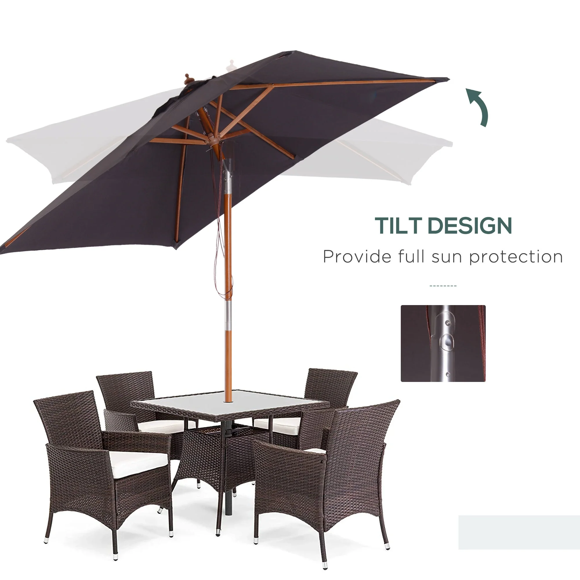 6.6x5ft Square Market Parasol, Wooden Patio Umbrella, Tilt Mechanism, 6 Bamboo Ribs, Dark Grey - Image 4