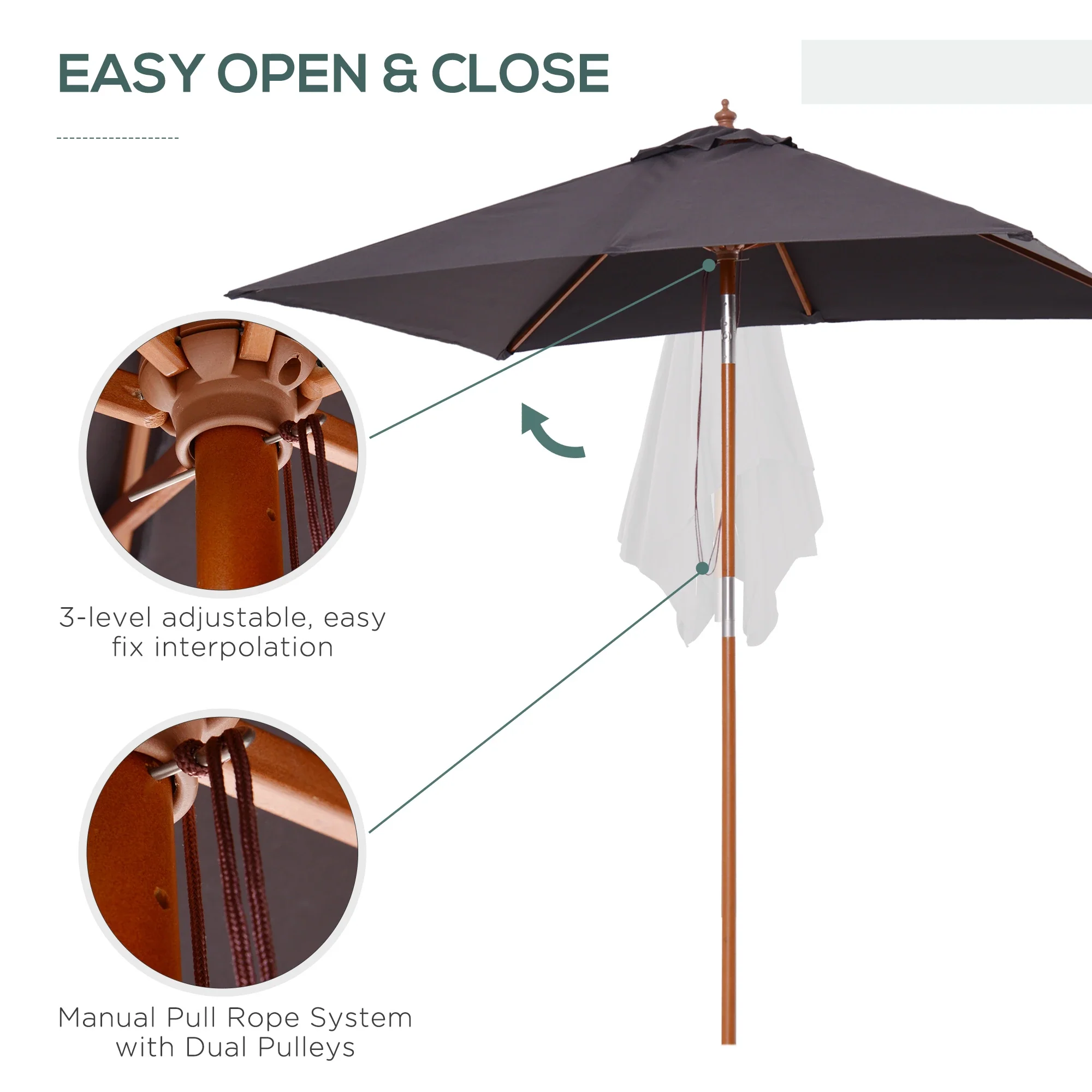 6.6x5ft Square Market Parasol, Wooden Patio Umbrella, Tilt Mechanism, 6 Bamboo Ribs, Dark Grey - Image 6