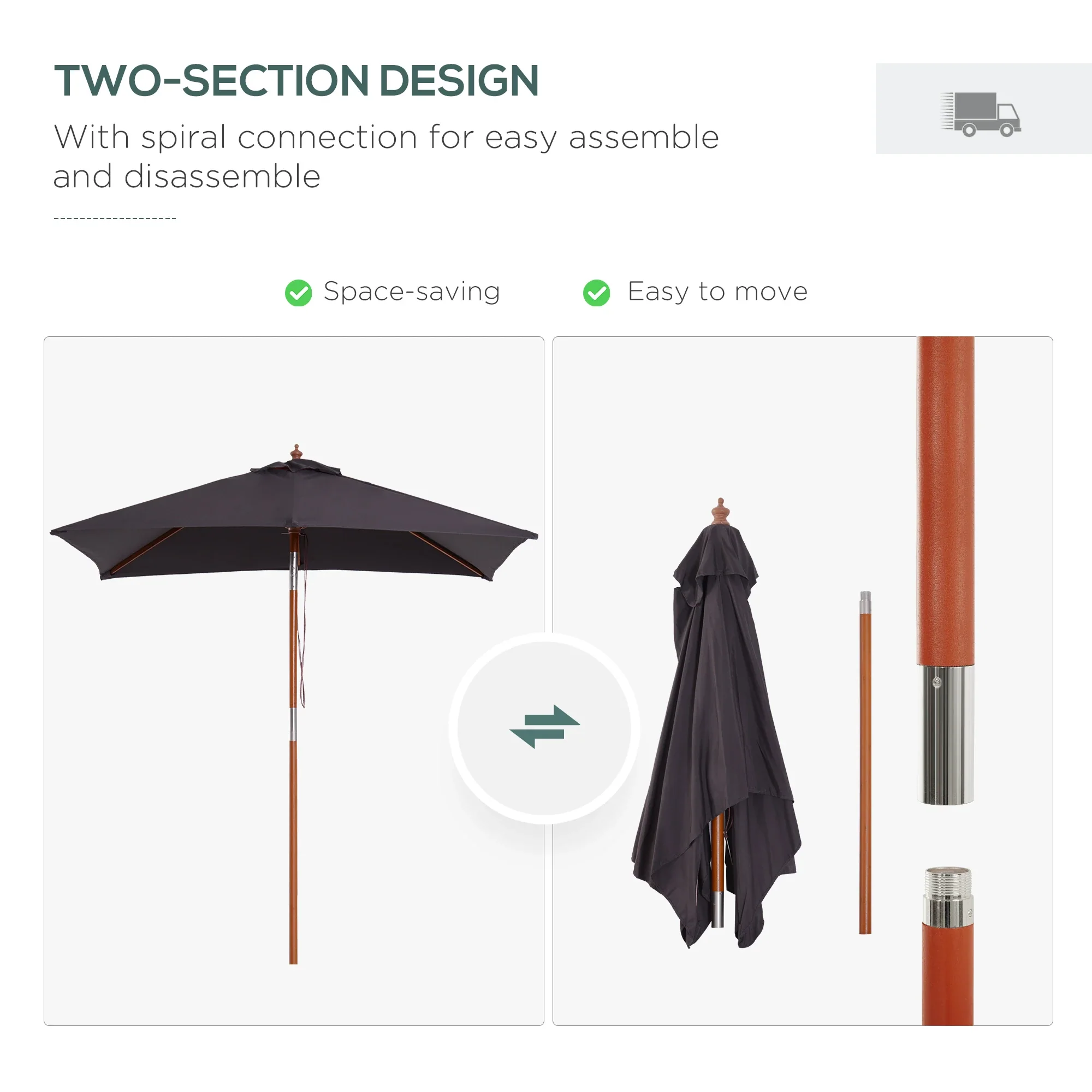 6.6x5ft Square Market Parasol, Wooden Patio Umbrella, Tilt Mechanism, 6 Bamboo Ribs, Dark Grey - Image 7