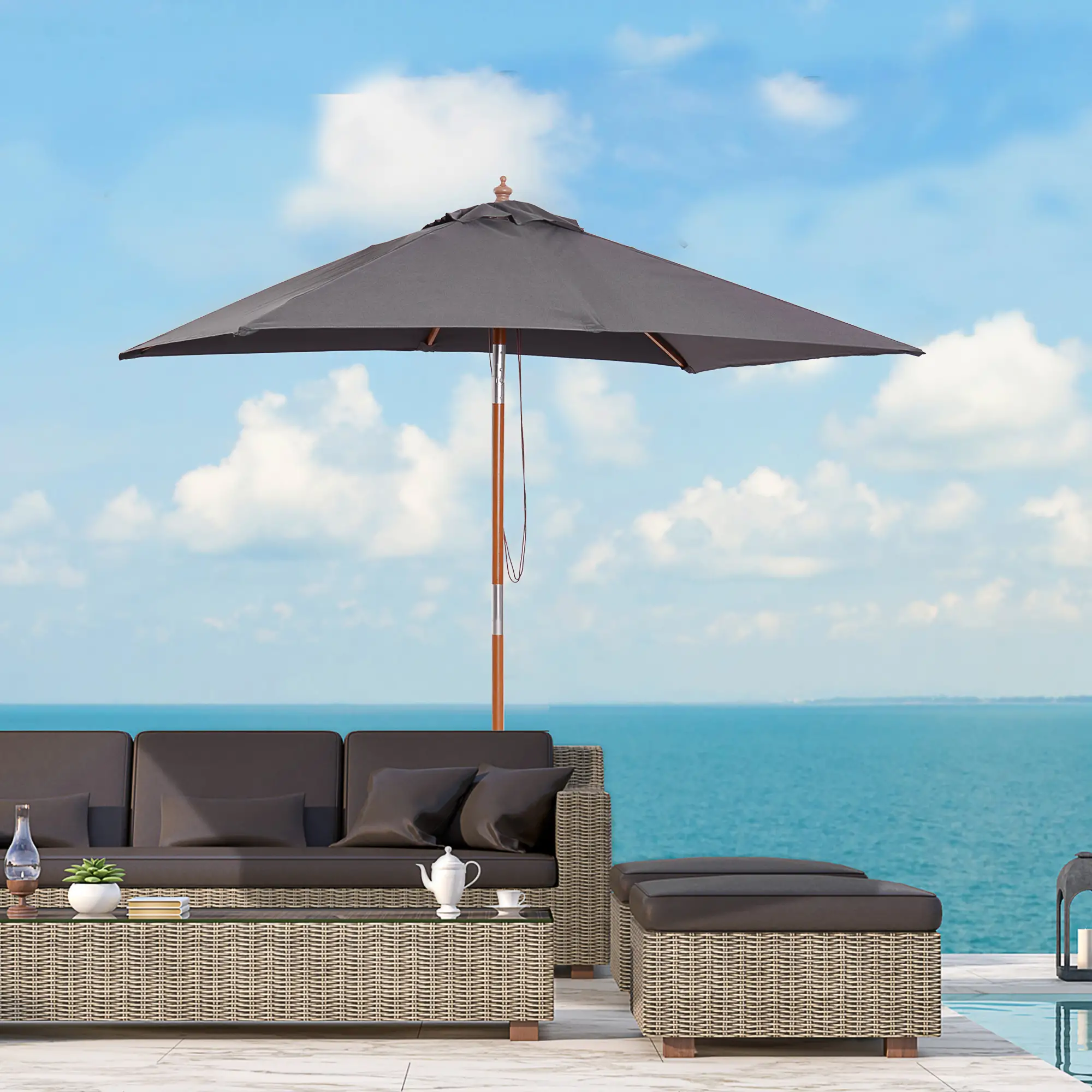 6.6x5ft Square Market Parasol, Wooden Patio Umbrella, Tilt Mechanism, 6 Bamboo Ribs, Dark Grey - Image 8